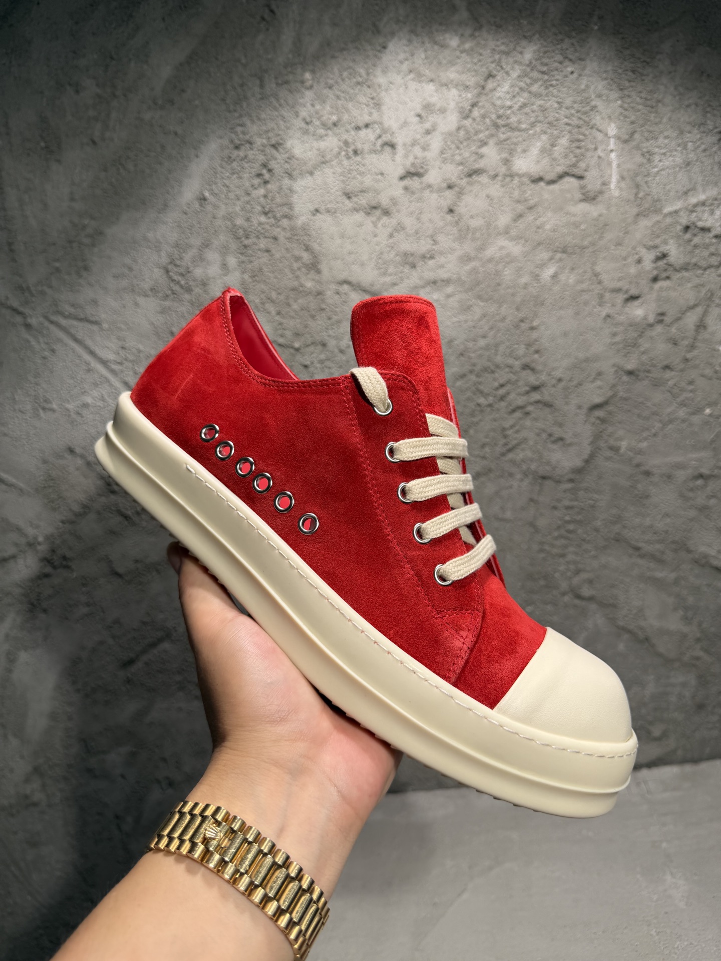 RICK OWENS RO 圆头 板鞋 休闲鞋 波鞋 男鞋  帆布  低筒  红色 麂皮侧面六孔  RR01F2895LVS-7311