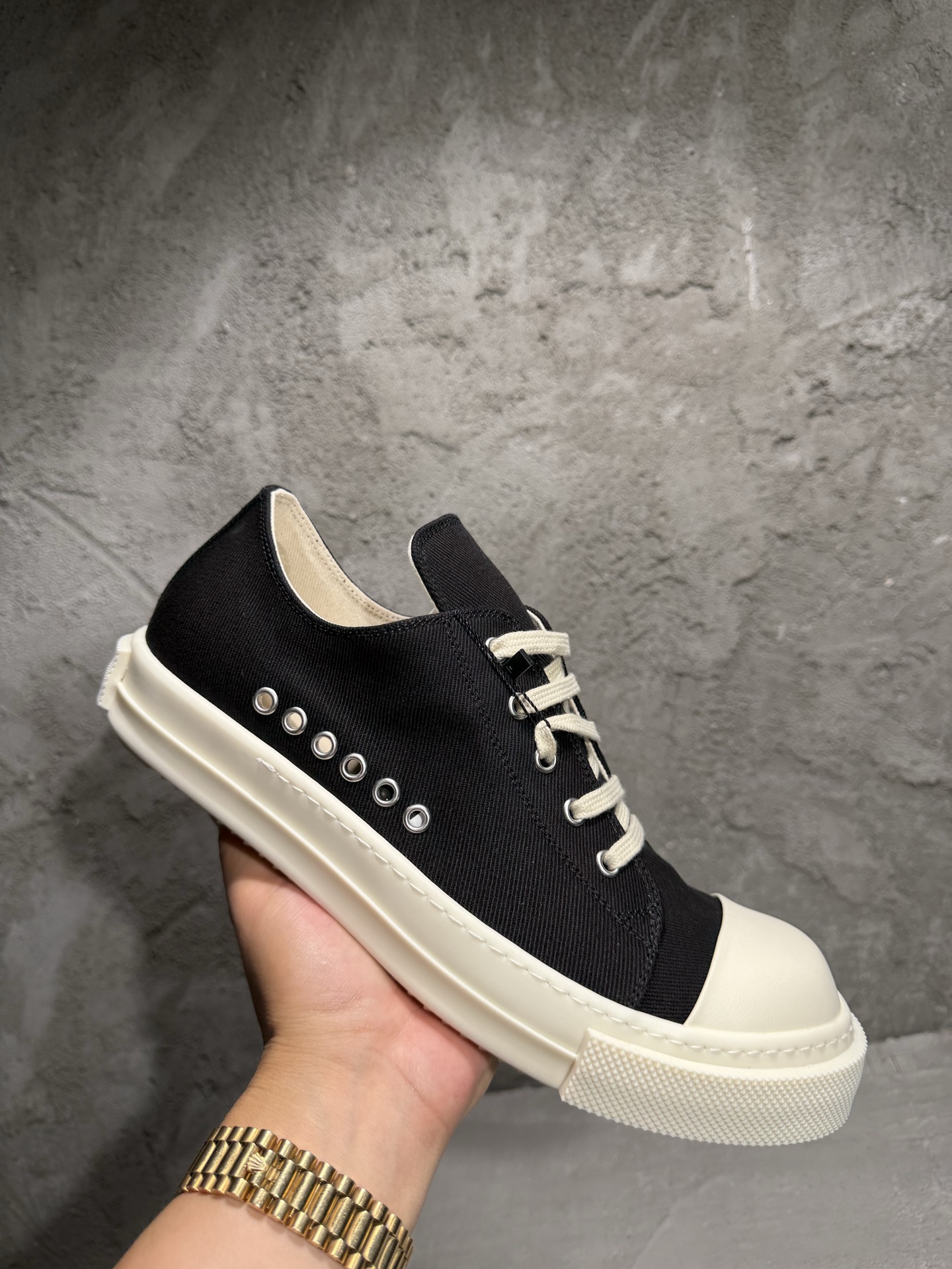 RICK OWENS RO 圆头 板鞋 休闲鞋 波鞋 男鞋  帆布  黑白 低筒  牛仔布侧面六孔  DU01F4822DOEH2-911