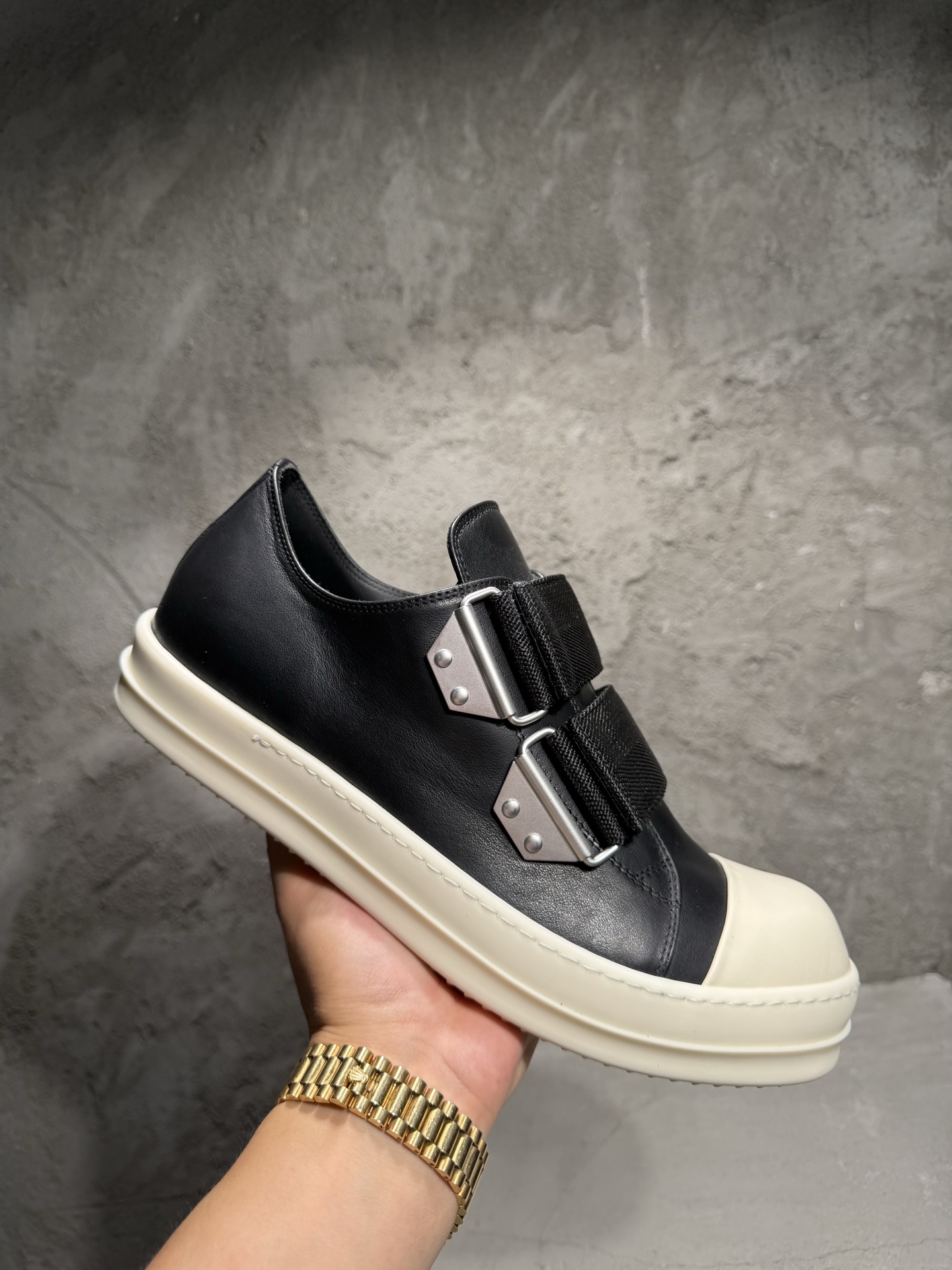 RICK OWENS RO 圆头 板鞋 休闲鞋 波鞋 男鞋  帆布  低筒   黑白 魔术贴 RU01F2896LCO-911