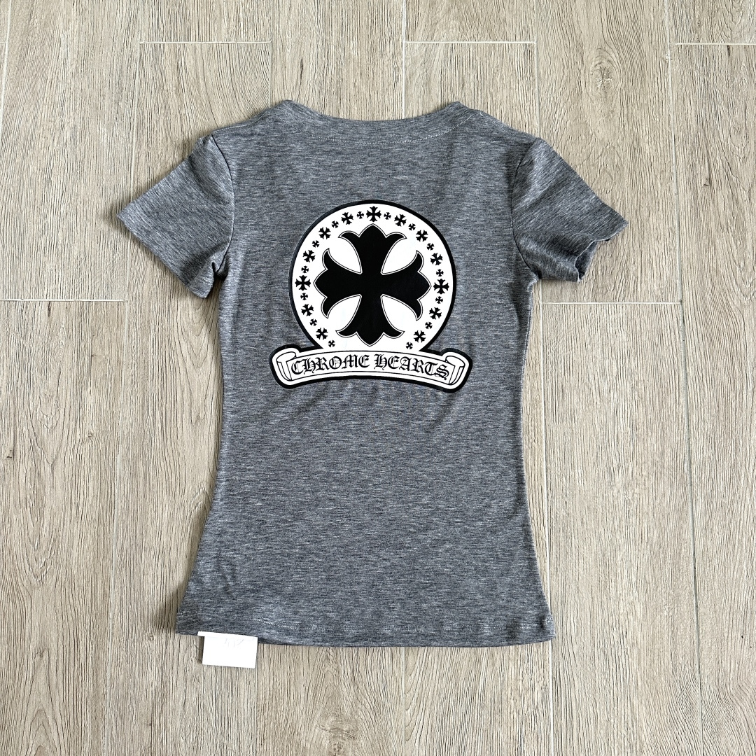 Chrome Hearts CH 克罗心 女款  短袖  修身 背后十字架卷轴 印花 灰色