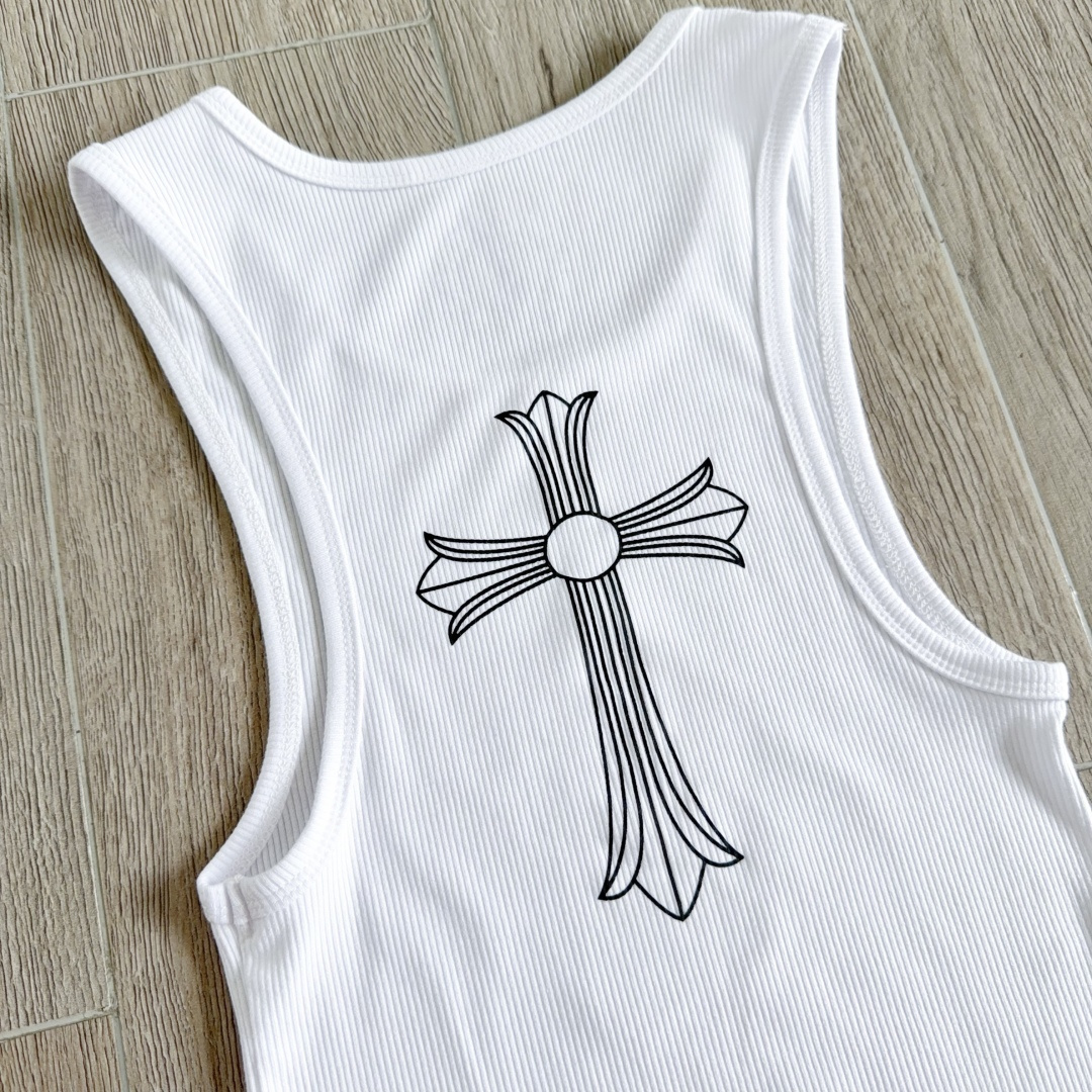 Chrome Hearts CH 克罗心 螺纹修身 女款背心  胸口T字体 背后十字架