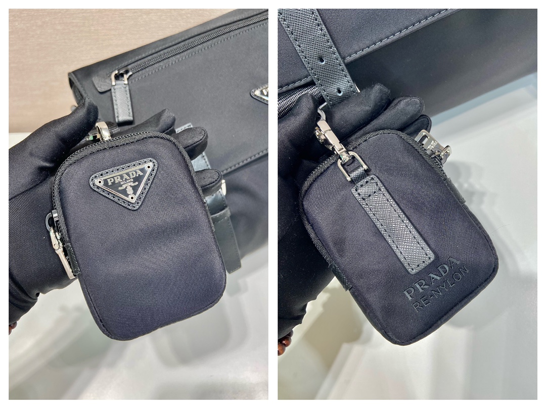 普拉达 PRADA Re-Nylon 三角形 徽标 带耳机包 尼龙拼皮二合一邮差包单肩包斜挎包 F0 1BD953_RV44_F0002_V_B1M