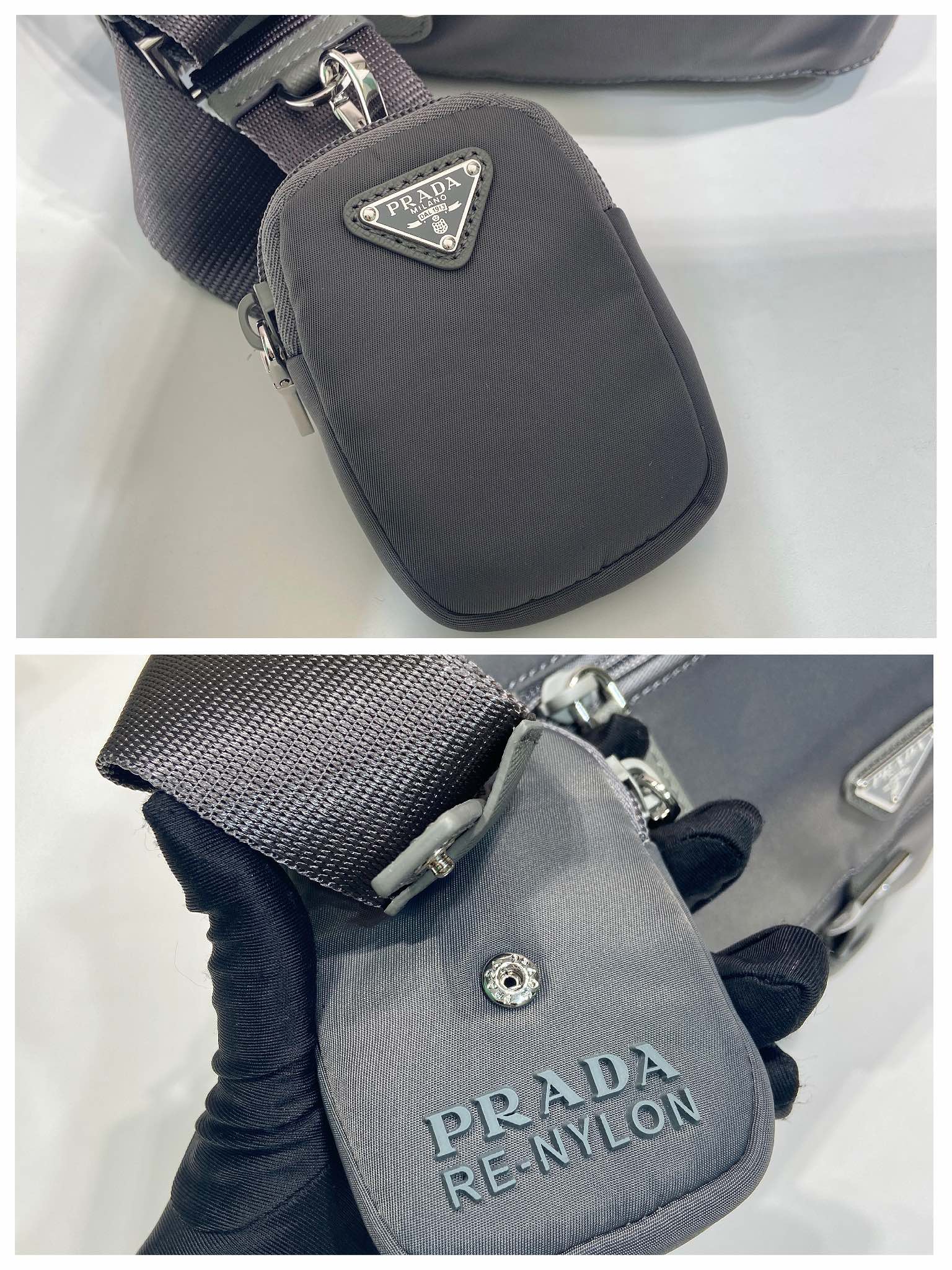 普拉达 PRADA Re-Nylon 三角形 徽标 带耳机包 尼龙拼皮二合一邮差包单肩包斜挎包 F0 1BD994_RV44_F0002_V_B1M