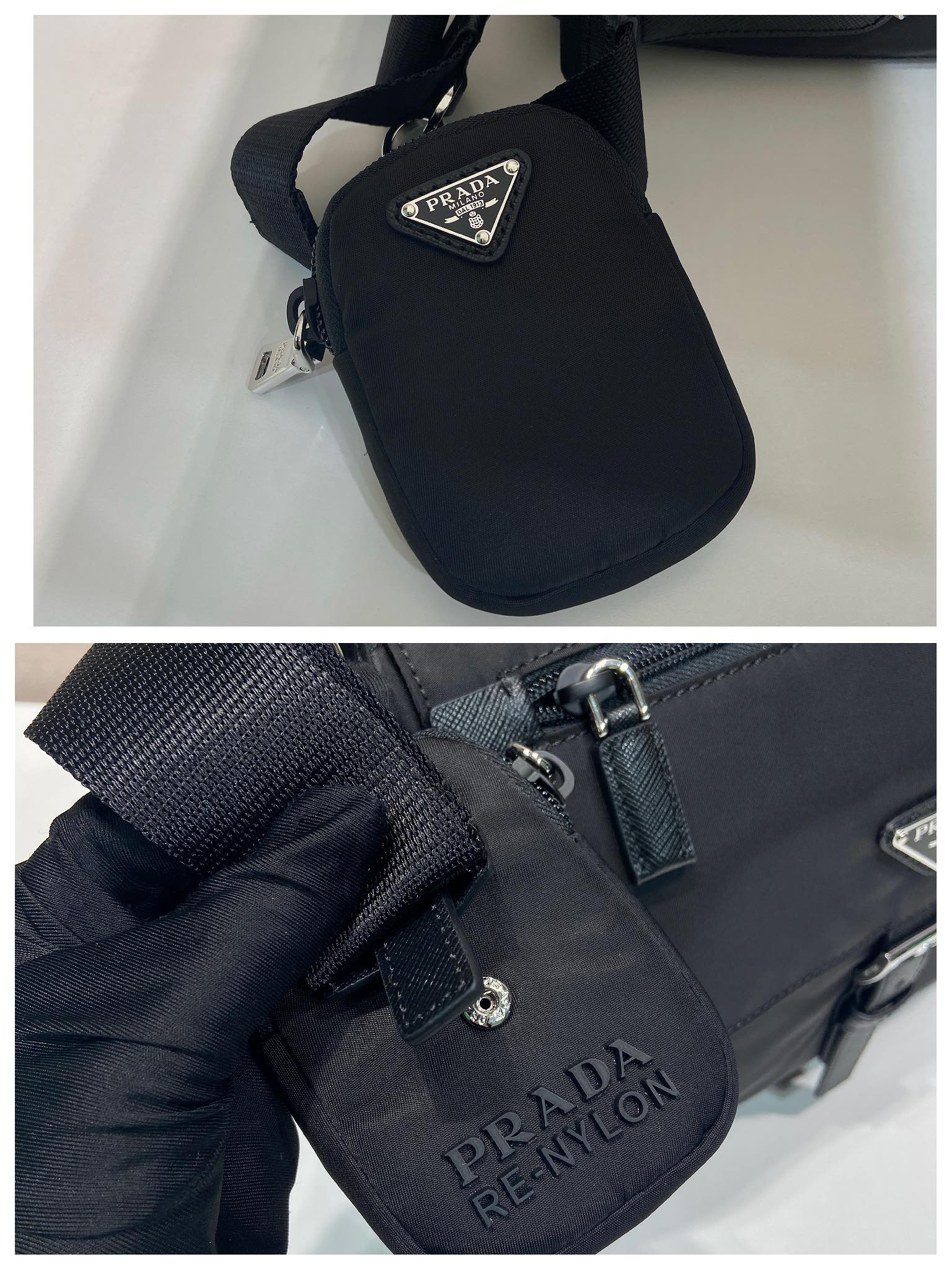 普拉达 PRADA Re-Nylon 三角形 徽标 带耳机包 尼龙拼皮二合一邮差包单肩包斜挎包 F0 1BD994_RV44_F0002_V_B1M