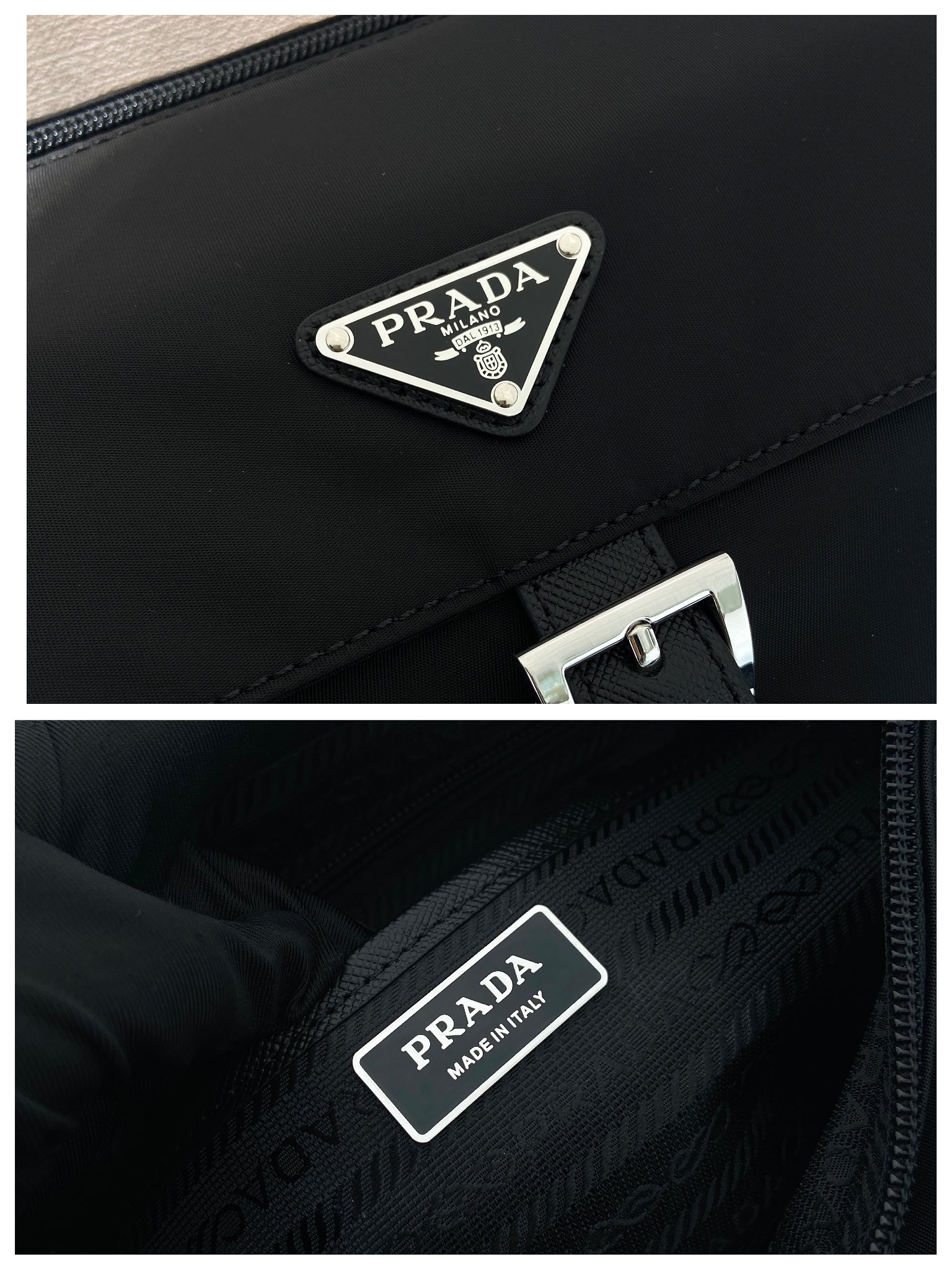 普拉达 PRADA Re-Nylon 三角形 徽标 带耳机包 尼龙拼皮二合一邮差包单肩包斜挎包 F0 1BD994_RV44_F0002_V_B1M