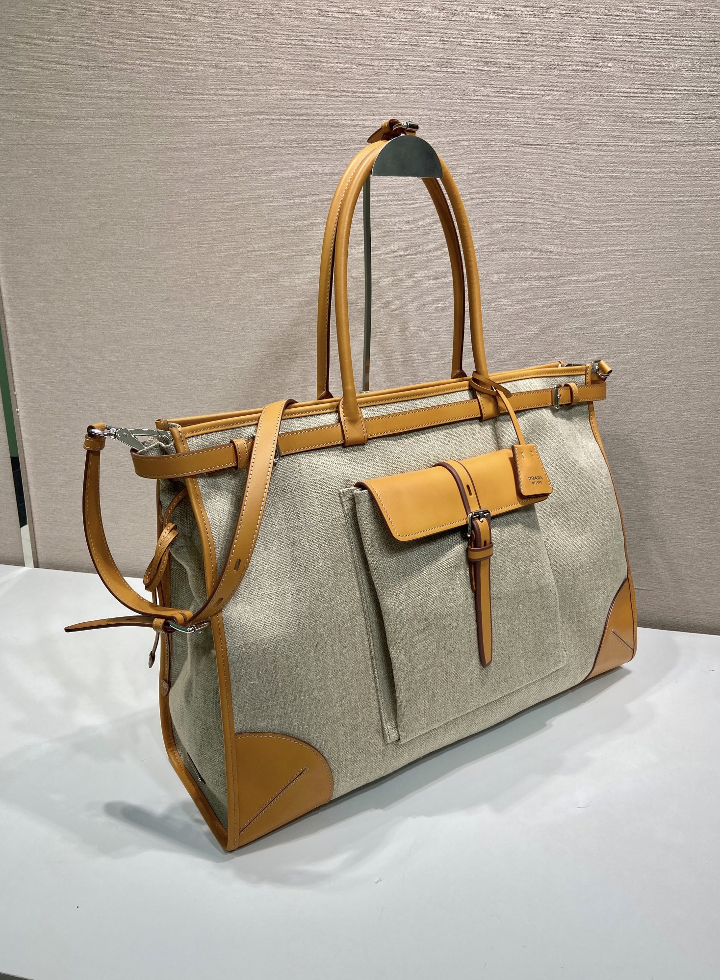 50CM 普拉达 PRADA  Bonnie 斜跨 单肩包 托特tote  棕色拼麻色 J0-2VG128 