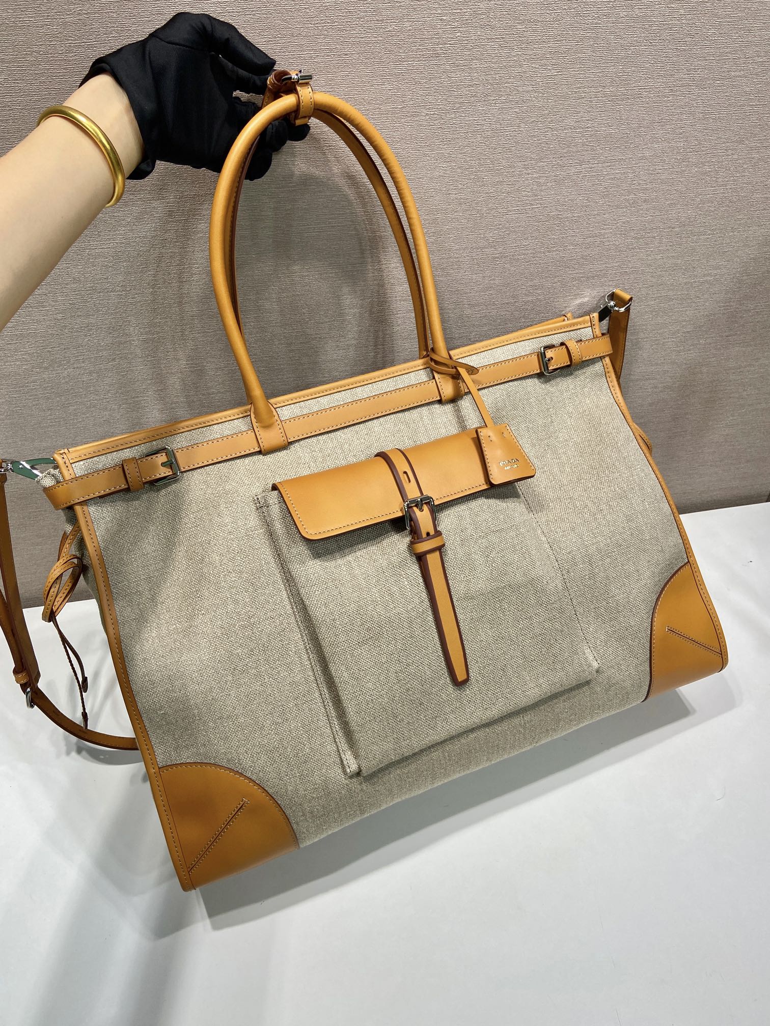 50CM 普拉达 PRADA  Bonnie 斜跨 单肩包 托特tote  棕色拼麻色 J0-2VG128 