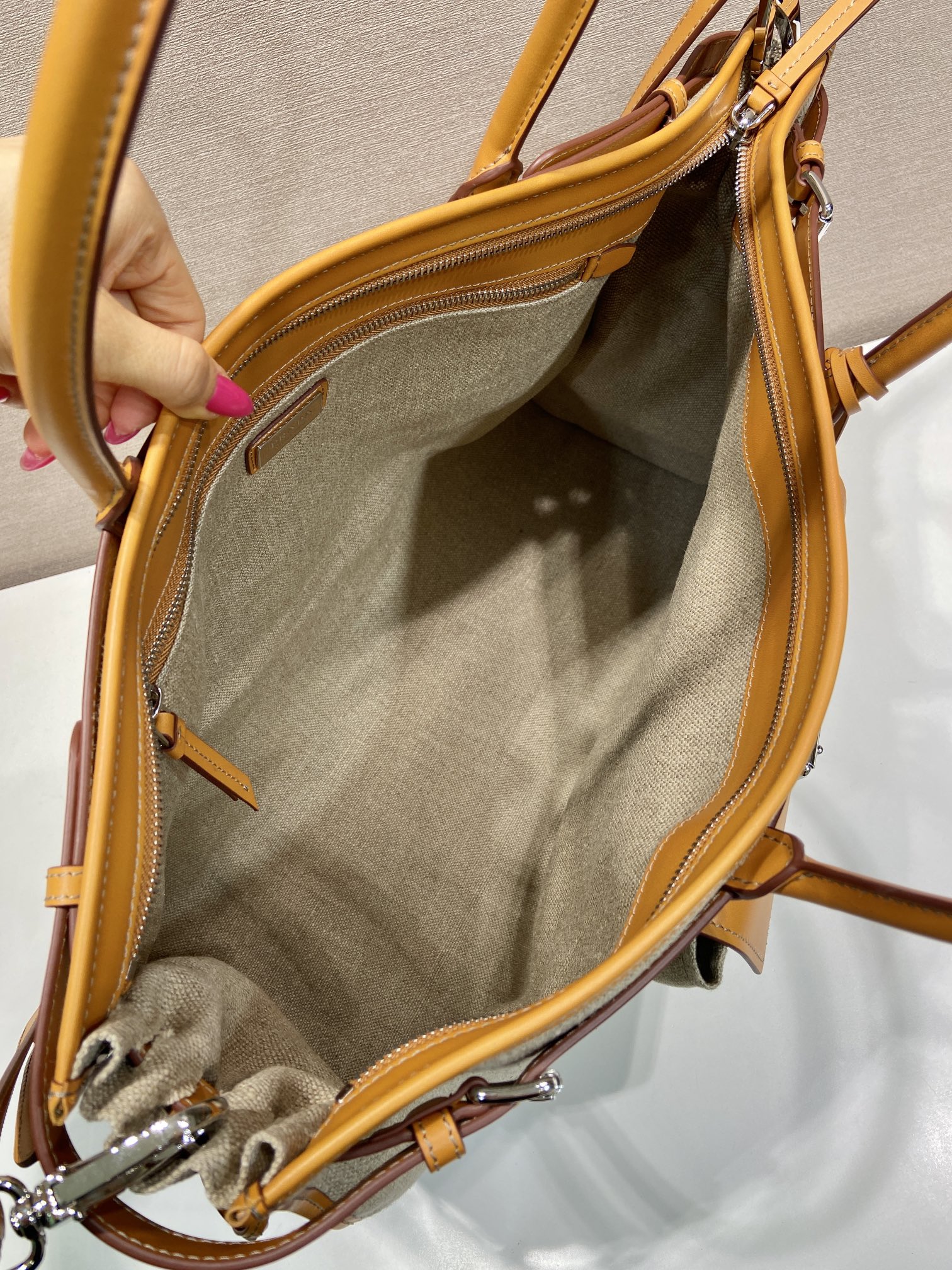 50CM 普拉达 PRADA  Bonnie 斜跨 单肩包 托特tote  棕色拼麻色 J0-2VG128 