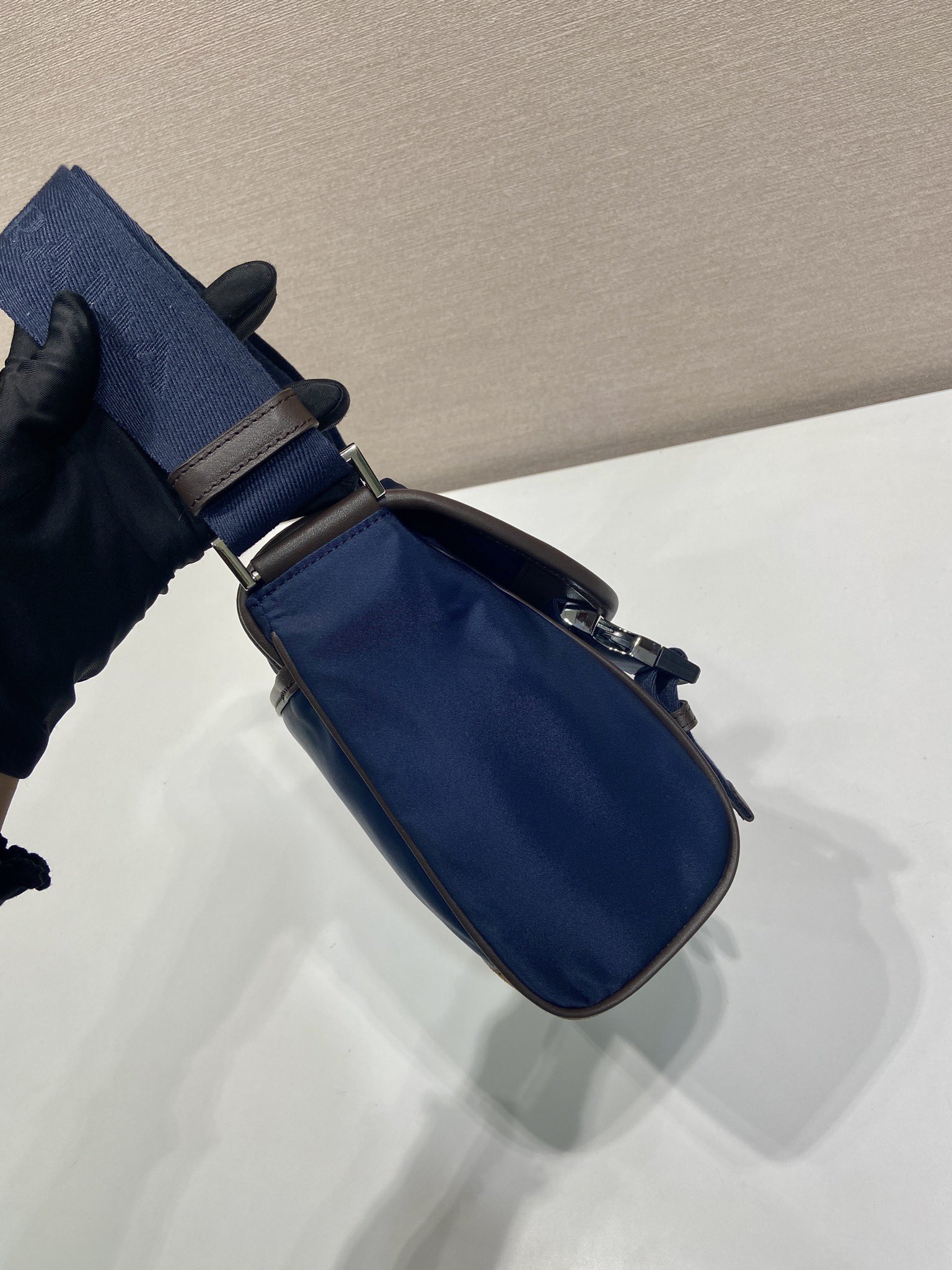 small 普拉达 PRADA Re-Nylon  复古三角形 邮差包 单肩包 斜挎包 蓝色拼咖啡色F0 2VD066_384_F0C1B