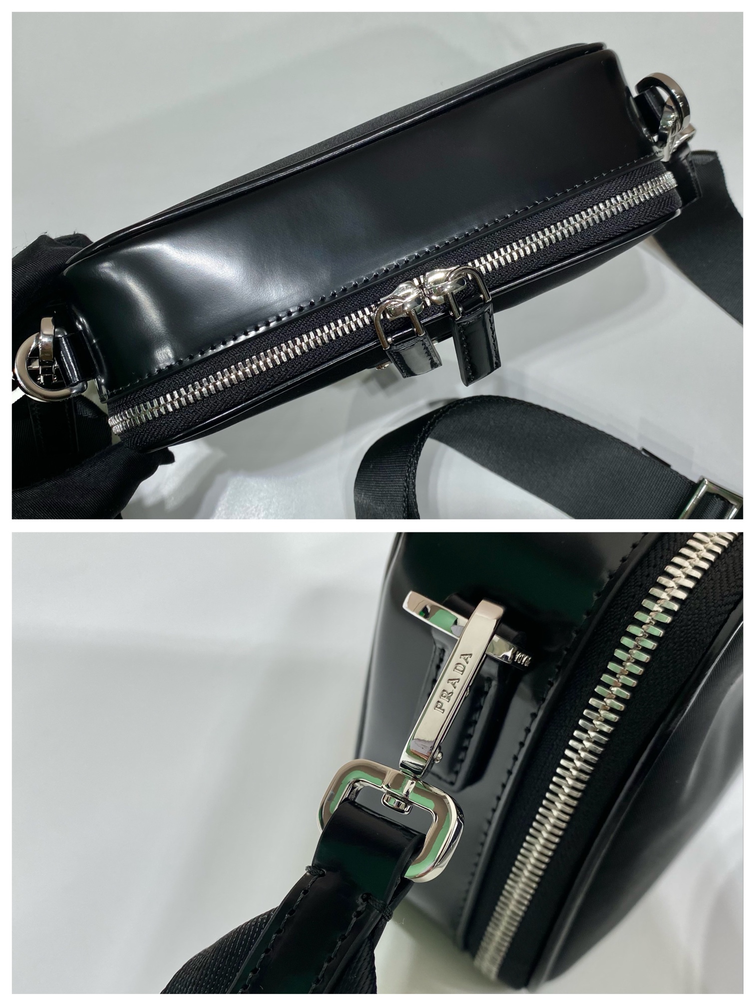 普拉达 PRADA Brique 可拆卸零钱包 单肩包  黑色半漆皮 F0 2VH070