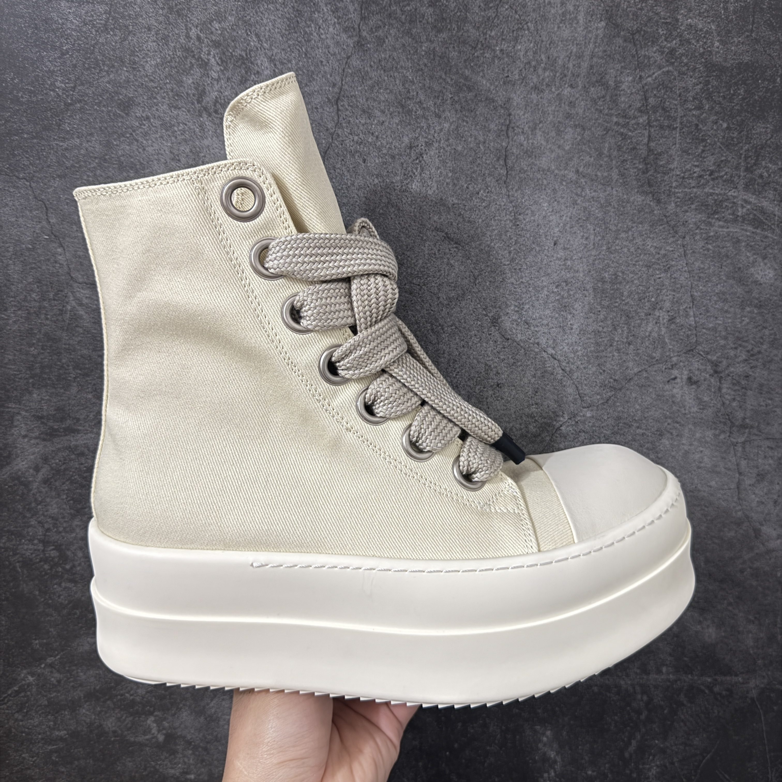 RICK OWENS RO 圆头 高筒  板鞋 休闲鞋 波鞋 男鞋   厚底 帆布拉链 米白 DU01F4850DOW-21111