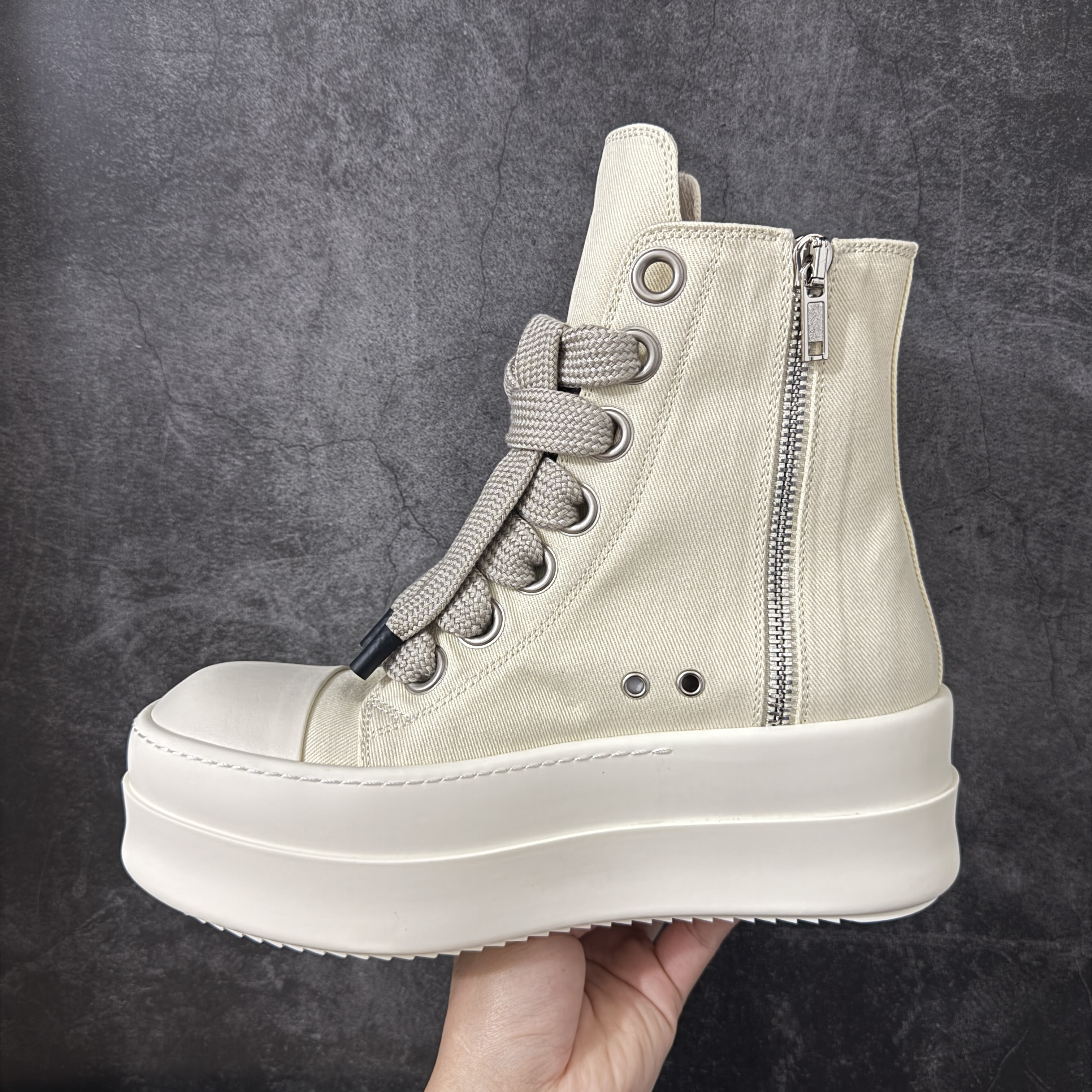 RICK OWENS RO 圆头 高筒  板鞋 休闲鞋 波鞋 男鞋   厚底 帆布拉链 米白 DU01F4850DOW-21111