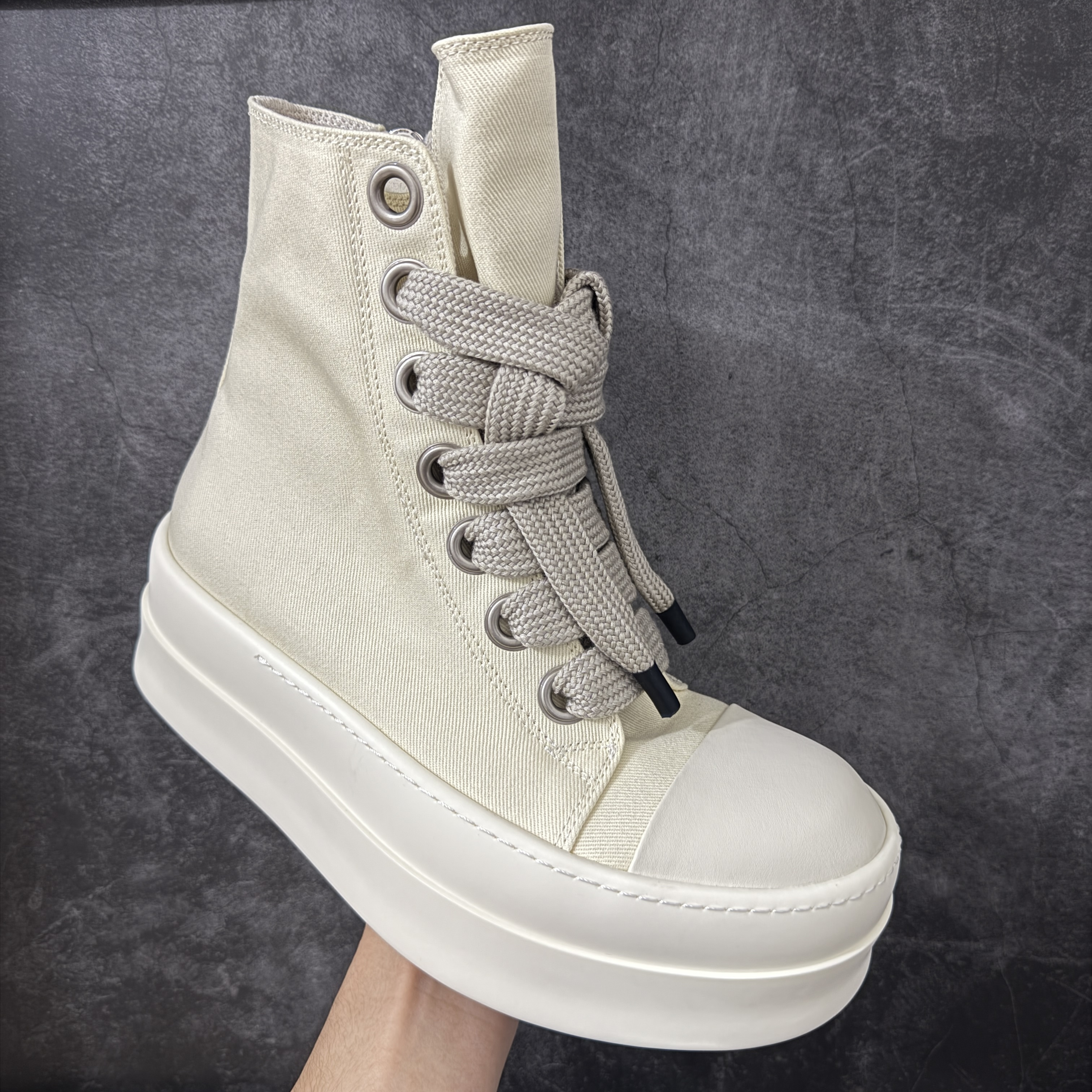 RICK OWENS RO 圆头 高筒  板鞋 休闲鞋 波鞋 男鞋   厚底 帆布拉链 米白 DU01F4850DOW-21111