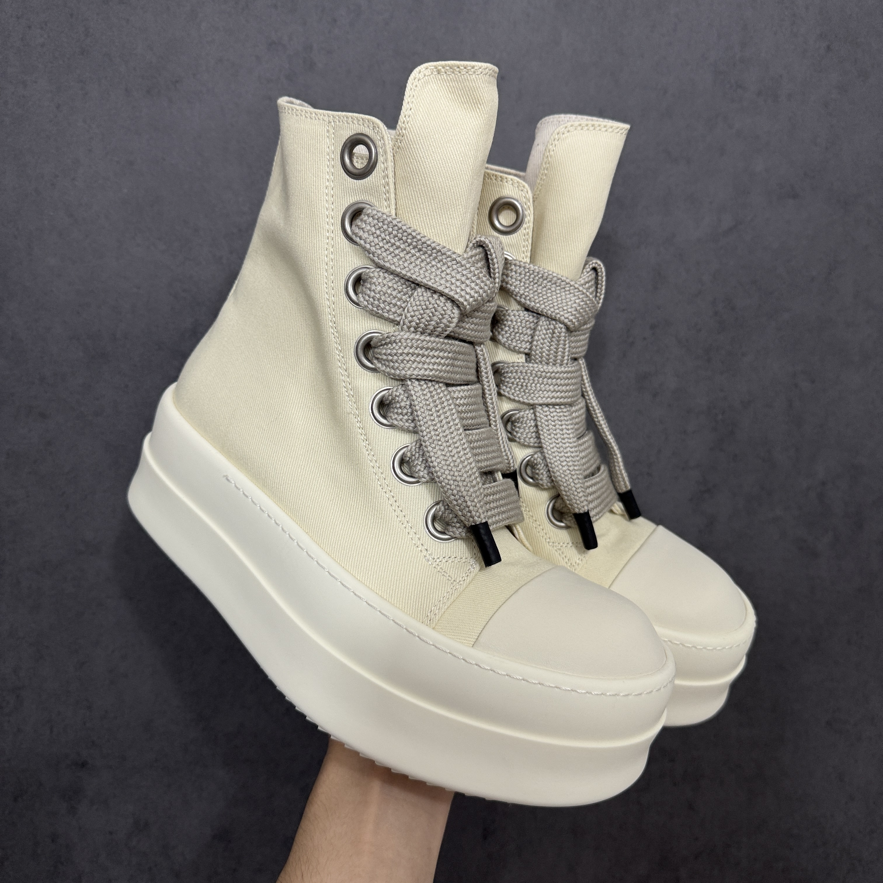 RICK OWENS RO 圆头 高筒  板鞋 休闲鞋 波鞋 男鞋   厚底 帆布拉链 米白 DU01F4850DOW-21111
