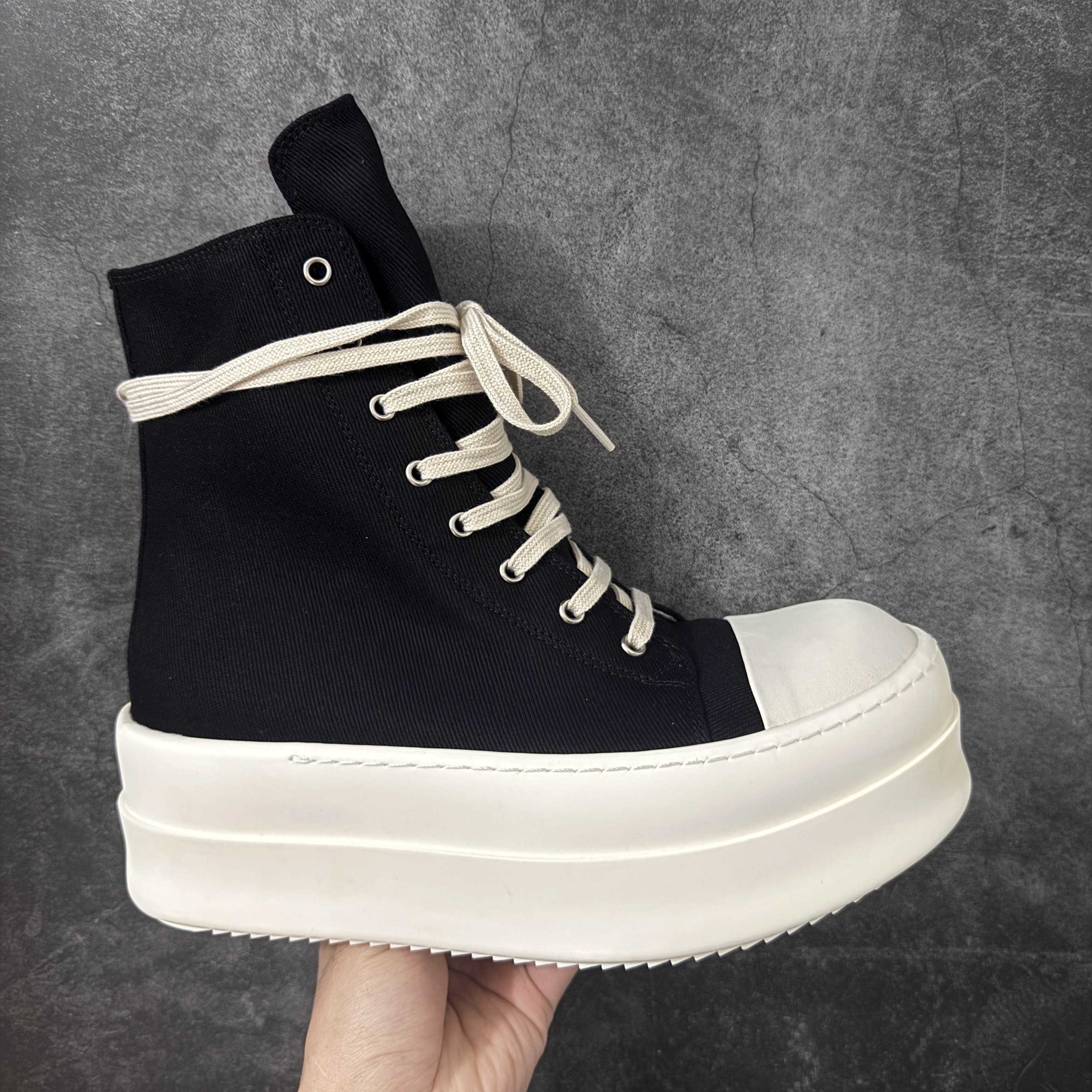 RICK OWENS RO 圆头 高筒  板鞋 休闲鞋 波鞋 男鞋   厚底 帆布拉链细鞋带   黑白 DU01F4831DO-911