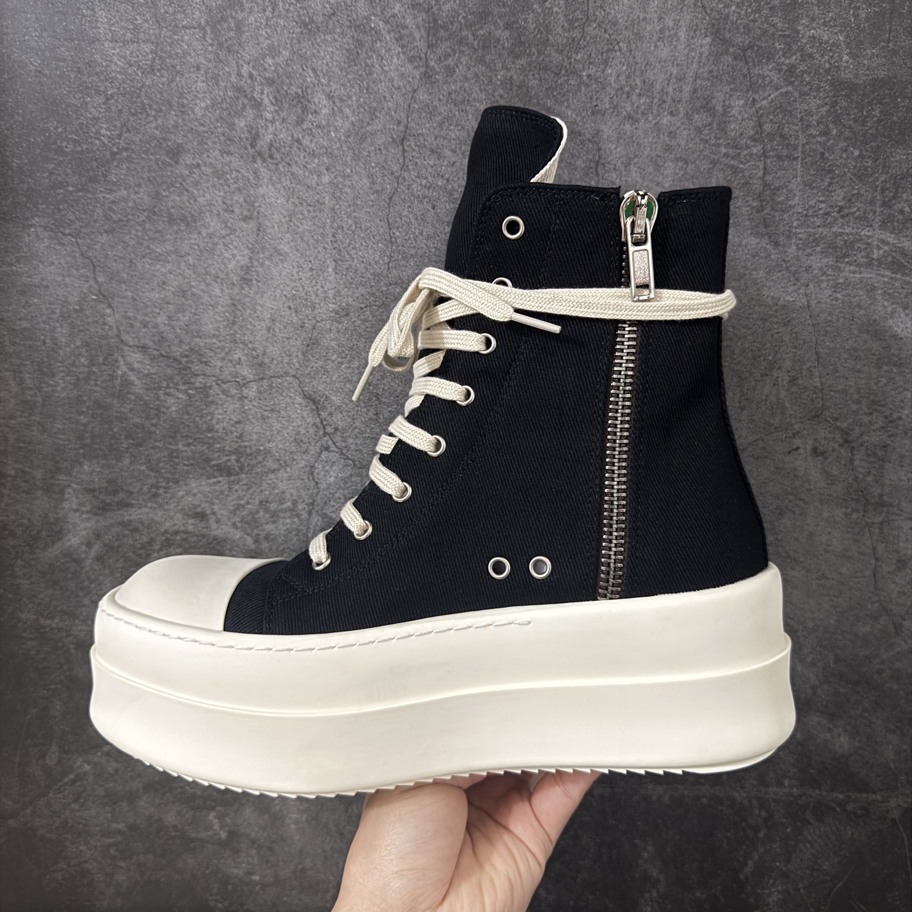 RICK OWENS RO 圆头 高筒  板鞋 休闲鞋 波鞋 男鞋   厚底 帆布拉链细鞋带   黑白 DU01F4831DO-911