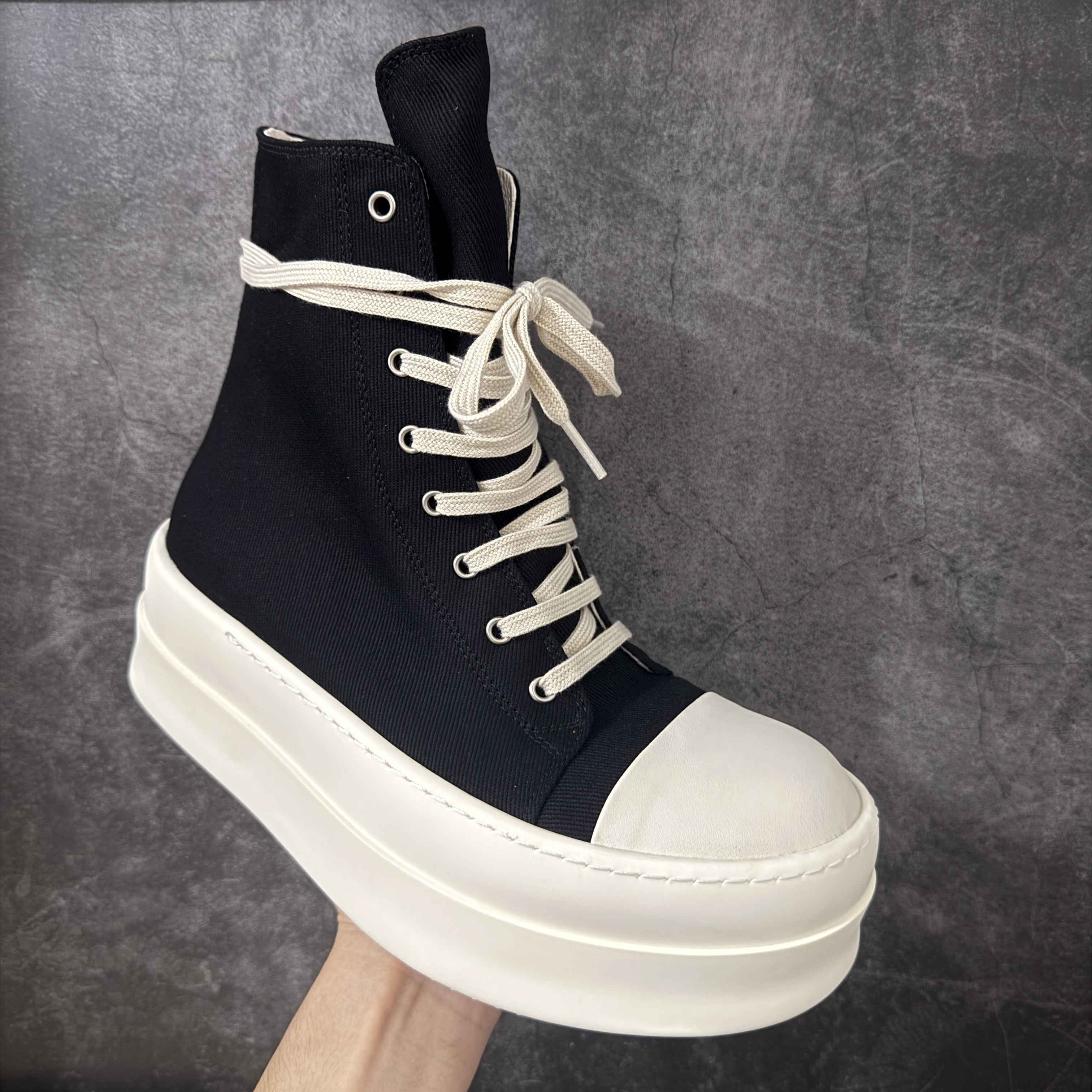 RICK OWENS RO 圆头 高筒  板鞋 休闲鞋 波鞋 男鞋   厚底 帆布拉链细鞋带   黑白 DU01F4831DO-911