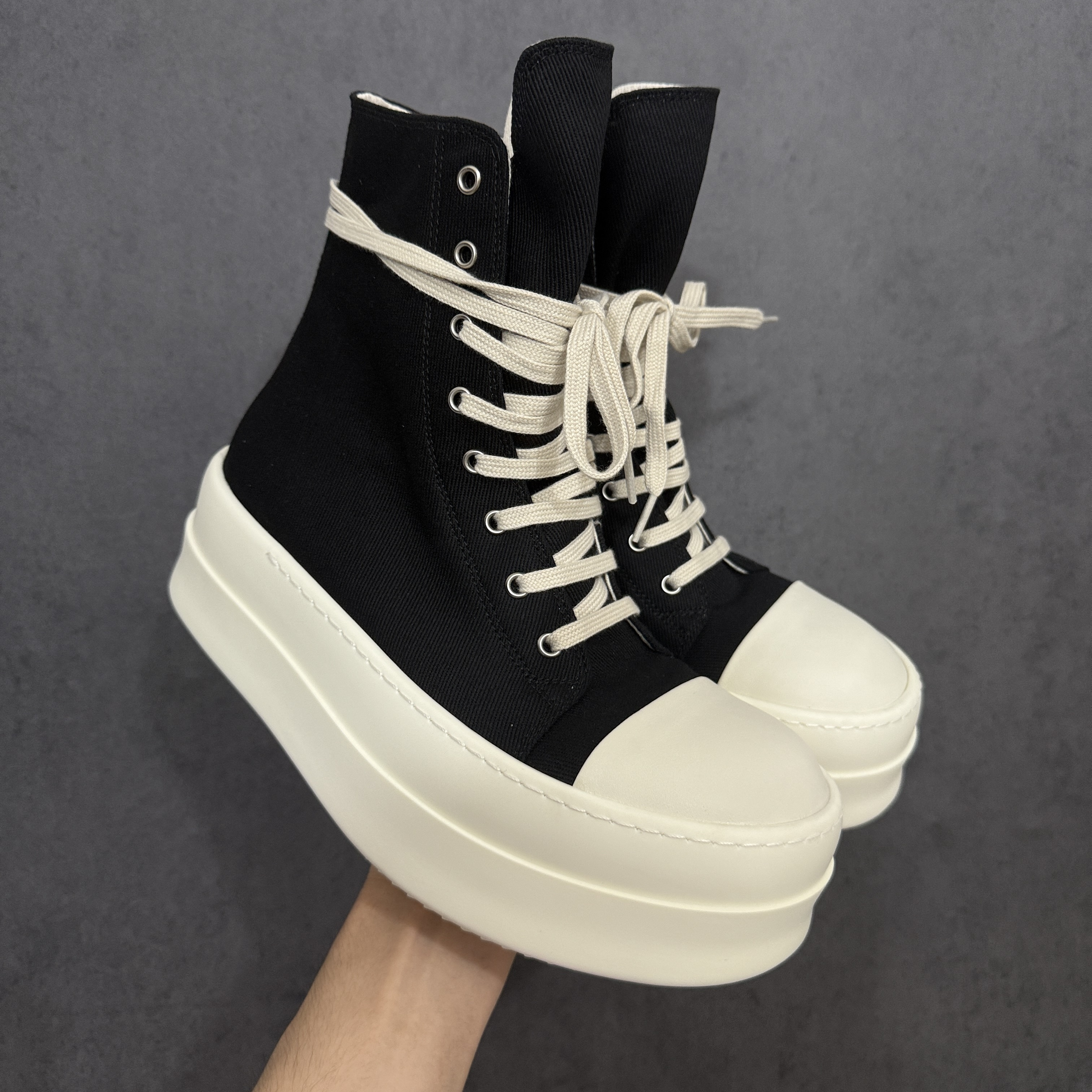 RICK OWENS RO 圆头 高筒  板鞋 休闲鞋 波鞋 男鞋   厚底 帆布拉链细鞋带   黑白 DU01F4831DO-911