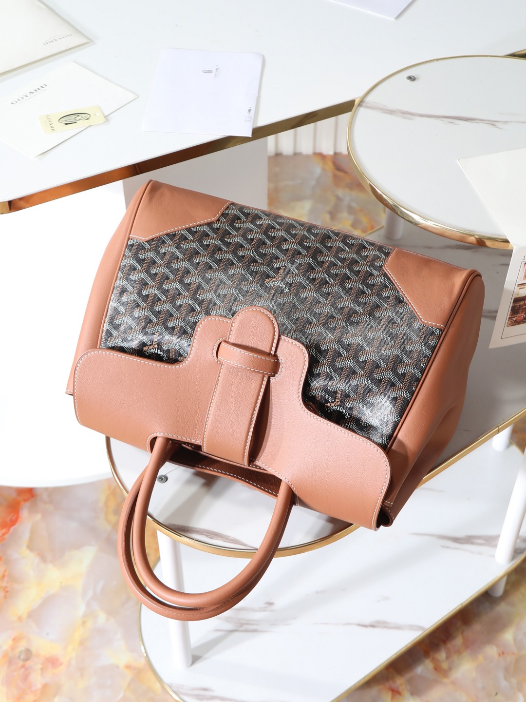 GOYARD 戈雅  Saigon -Beech Wood Handle Flap Tote Bag (Canvas & Leather) – Handheld & Shoulder Bag-F0-SAIGOCMMLTY