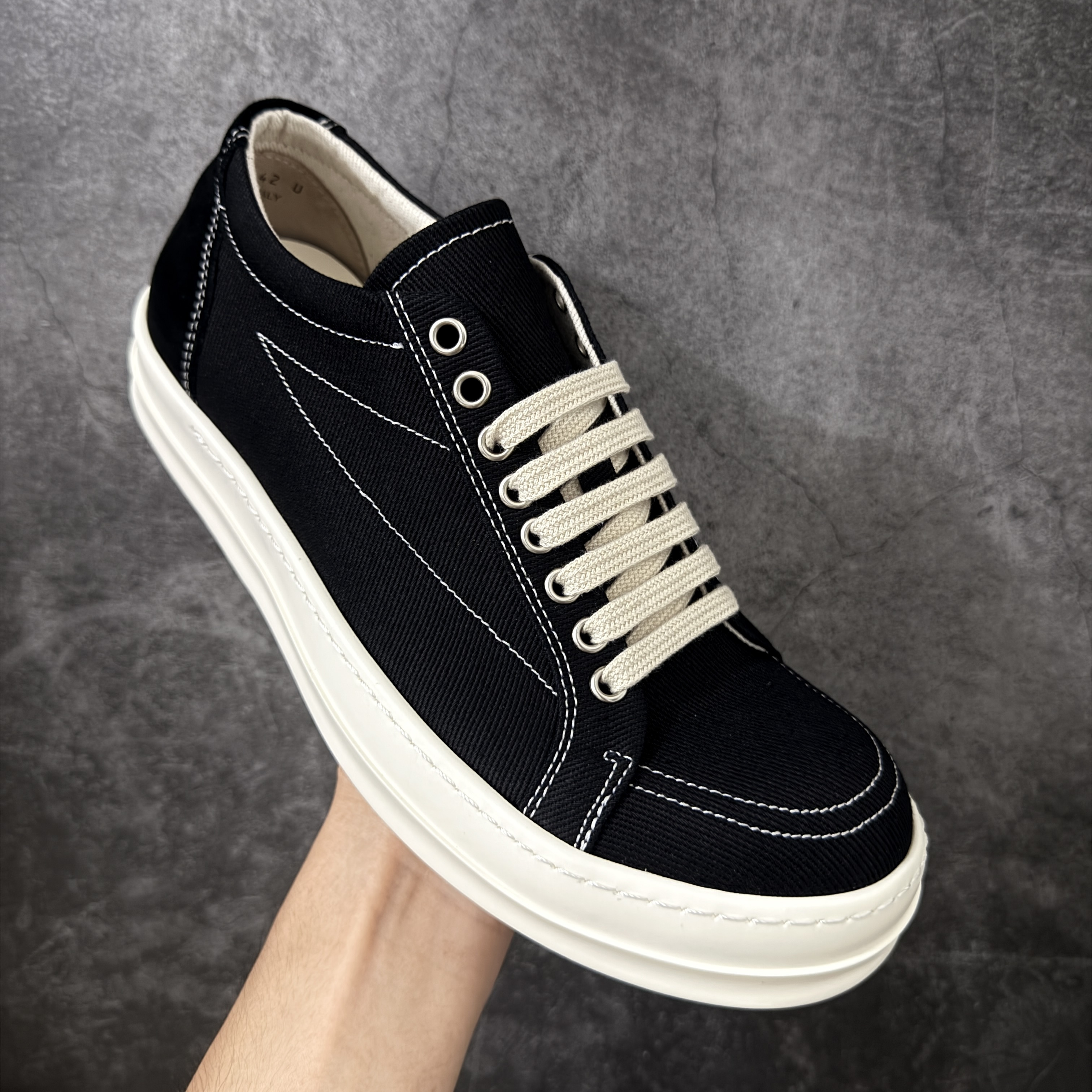 RICK OWENS RO 圆头 高筒  板鞋 休闲鞋 波鞋 男鞋   补黑色 后跟五角 DU01F4821DOLVT3-91