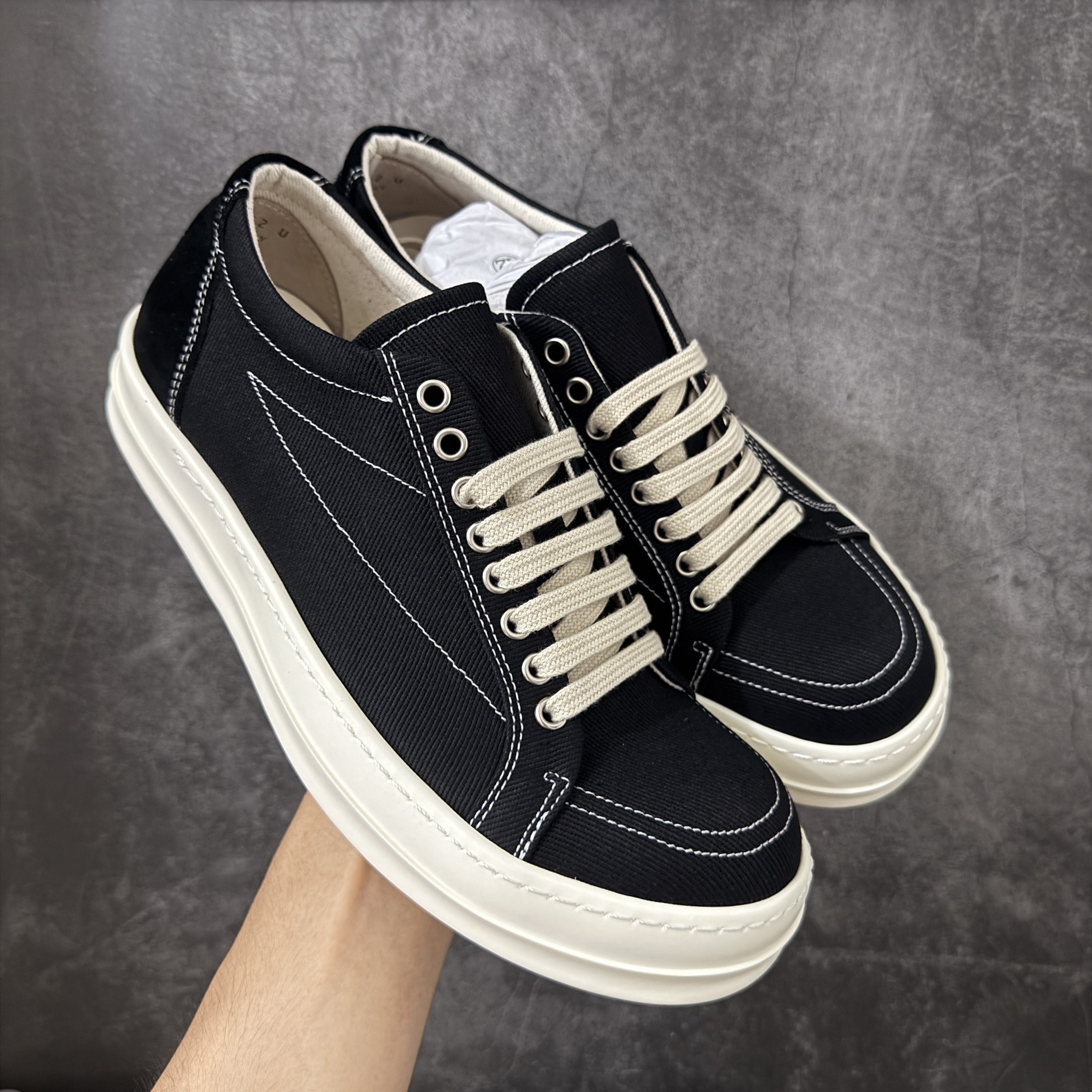 RICK OWENS RO 圆头 高筒  板鞋 休闲鞋 波鞋 男鞋   补黑色 后跟五角 DU01F4821DOLVT3-91