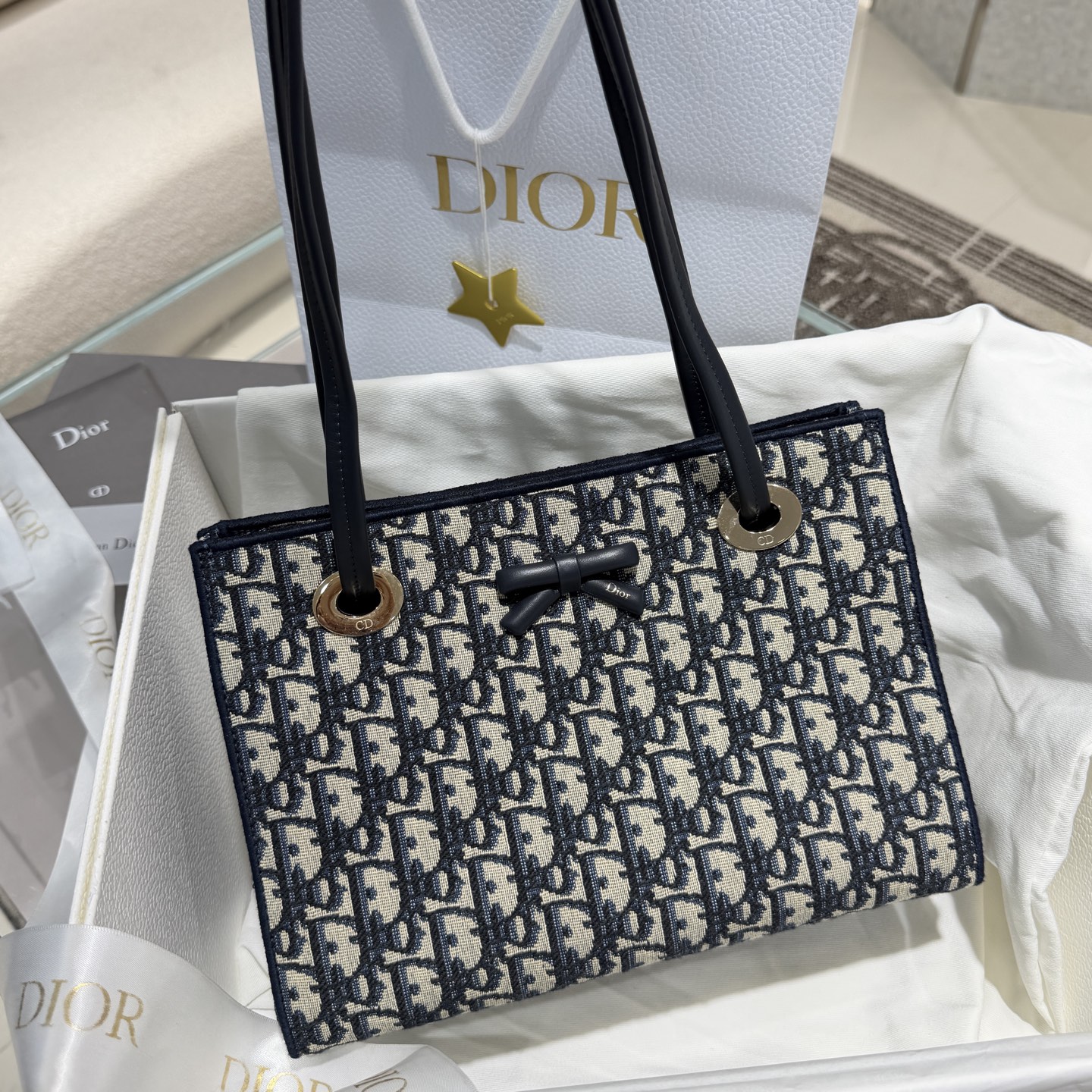 DIOR 迪奥- OBLIQUE Small Handbag/Crossbody/Shoulder Bag – Blue (Leather, Cotton, and Fabric Mix with Bow Logo)-F0-M1410OTZQ-M928