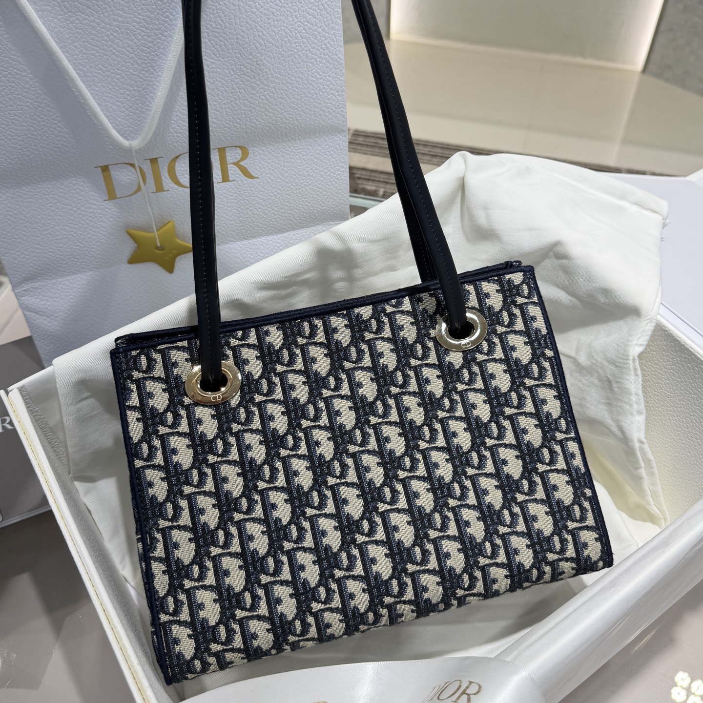 DIOR 迪奥- OBLIQUE Small Handbag/Crossbody/Shoulder Bag – Blue (Leather, Cotton, and Fabric Mix with Bow Logo)-F0-M1410OTZQ-M928