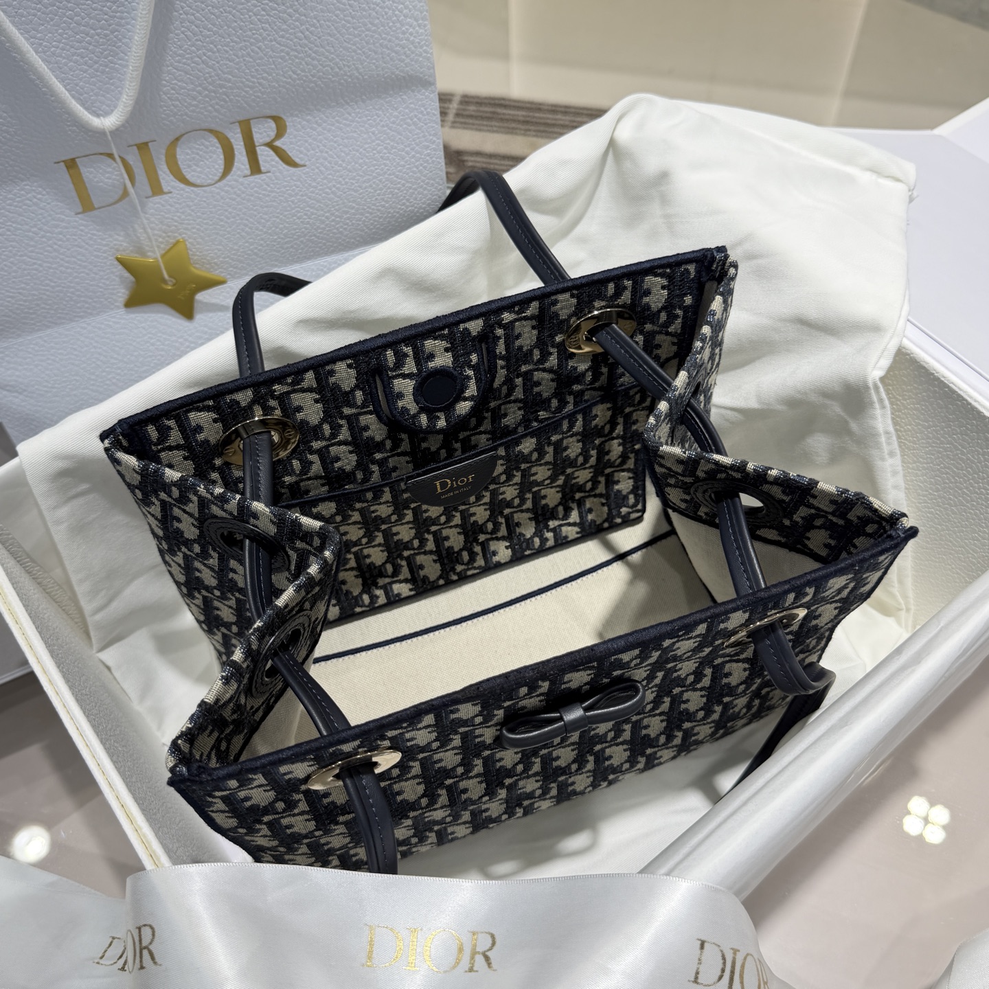 DIOR 迪奥- OBLIQUE Small Handbag/Crossbody/Shoulder Bag – Blue (Leather, Cotton, and Fabric Mix with Bow Logo)-F0-M1410OTZQ-M928