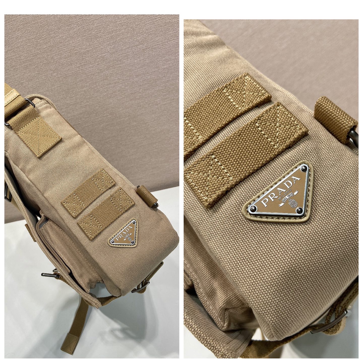34CM 普拉达 PRADA  邮差手提  斜跨 单肩包  沙漠米色帆布  H0-_2VD085_010_F0F24_V_OOP