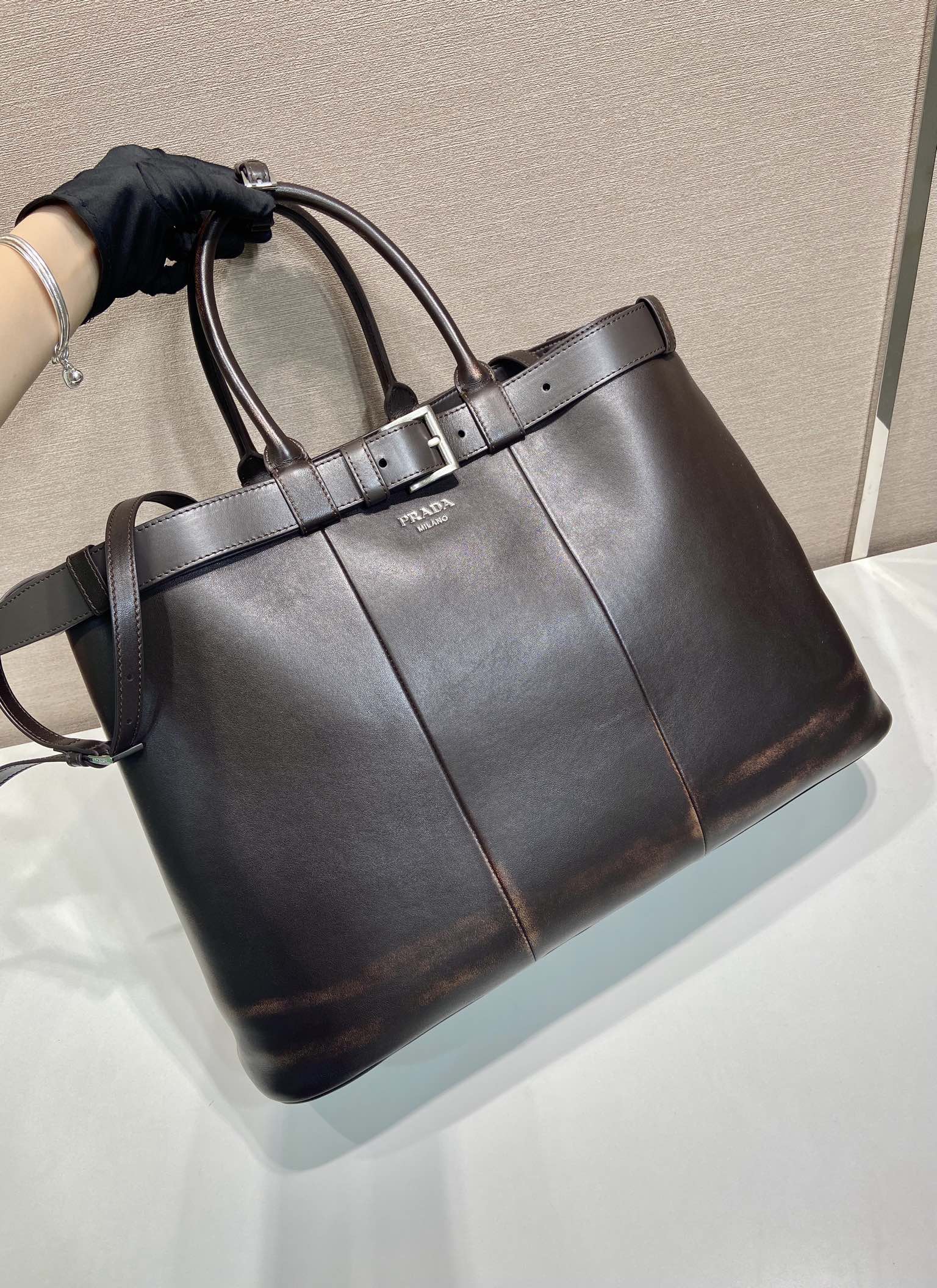 48CM 普拉达 PRADA Buckle 手提 斜跨 单肩包 棕色做旧 J0-_2VG126 