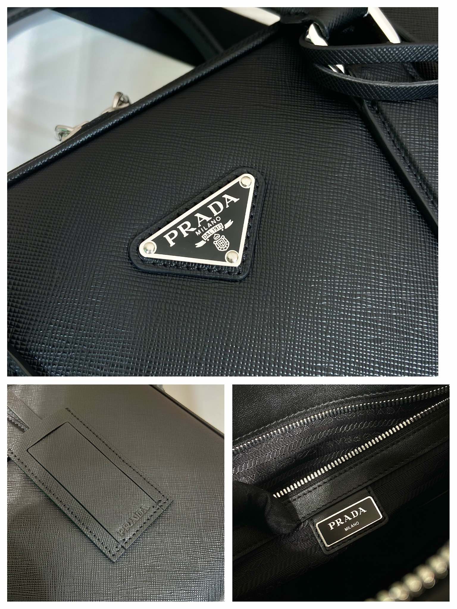 普拉达 PRADA Saffiano 手提公文 斜跨 单肩包  黑色十字纹皮 F0-_2VE022_9Z2_F0002_V_OOO