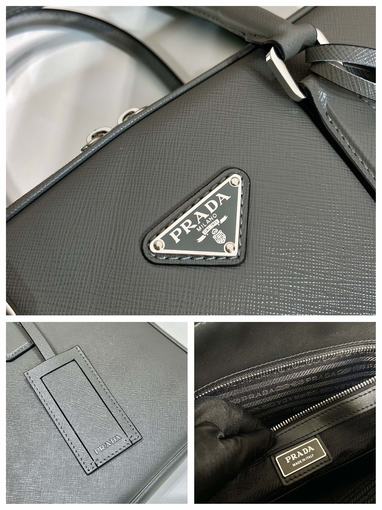普拉达 PRADA Saffiano 手提公文 斜跨 单肩包 灰色十字纹皮 F0-_2VE022 