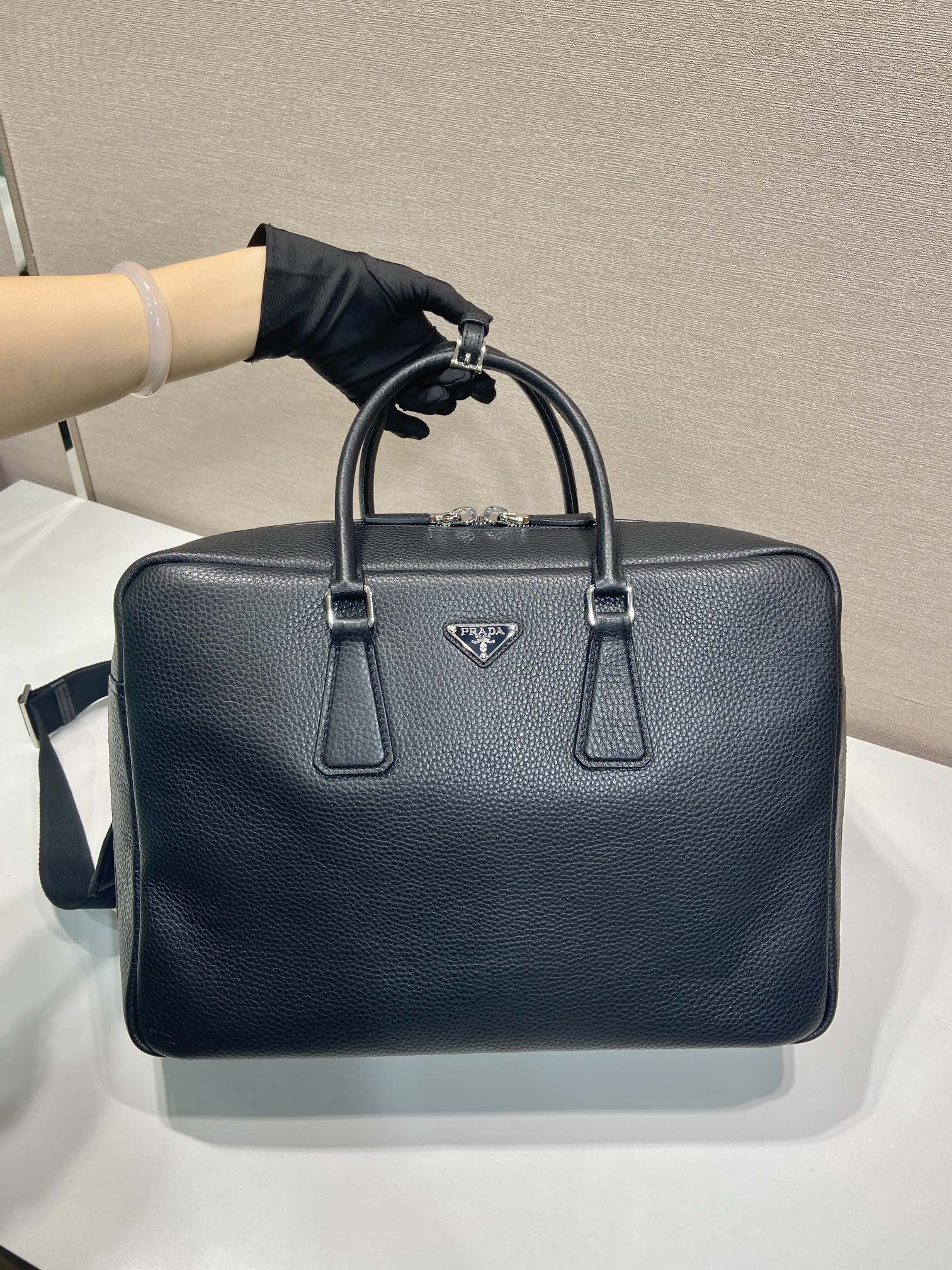 40CM 普拉达 PRADA Vitello Dino 手提公文 单肩包 黑色荔枝 J0-2VE339_2BBE_F0002