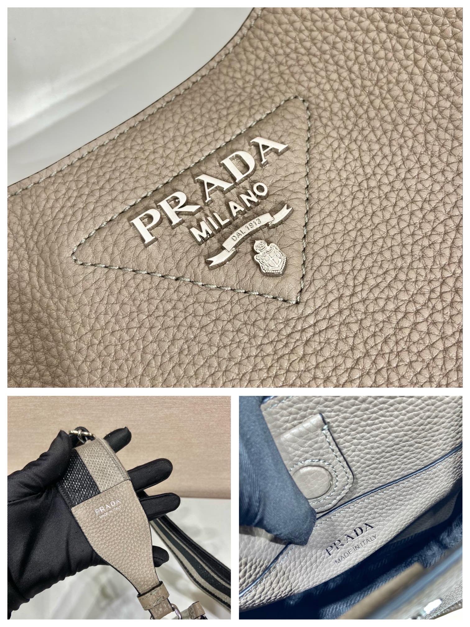 （双肩带-银logo）mini 普拉达 PRADA   斜跨 女包 浅灰色 皮质 H0-1BH191_2DKV_F0572_V_3OO