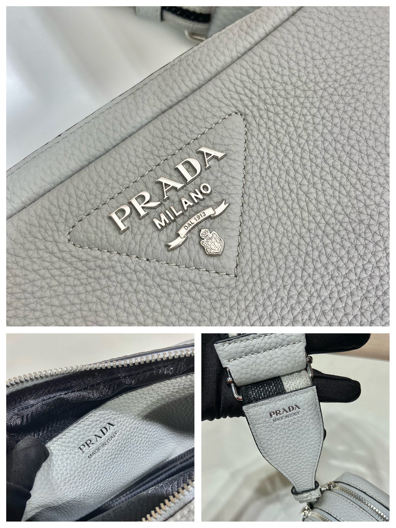 （双肩带-银logo） 普拉达 PRADA  相机 斜跨 女包 灰白 皮质 1BH082_2DKV_F010I_V_3OM