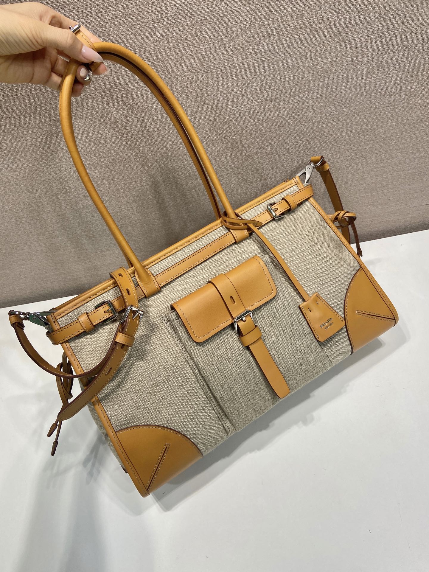 38CM 普拉达 PRADA Bonnie 单肩 斜跨  植物拼皮 棕色  H0-1BA433_P0E_F032T_V_OTM