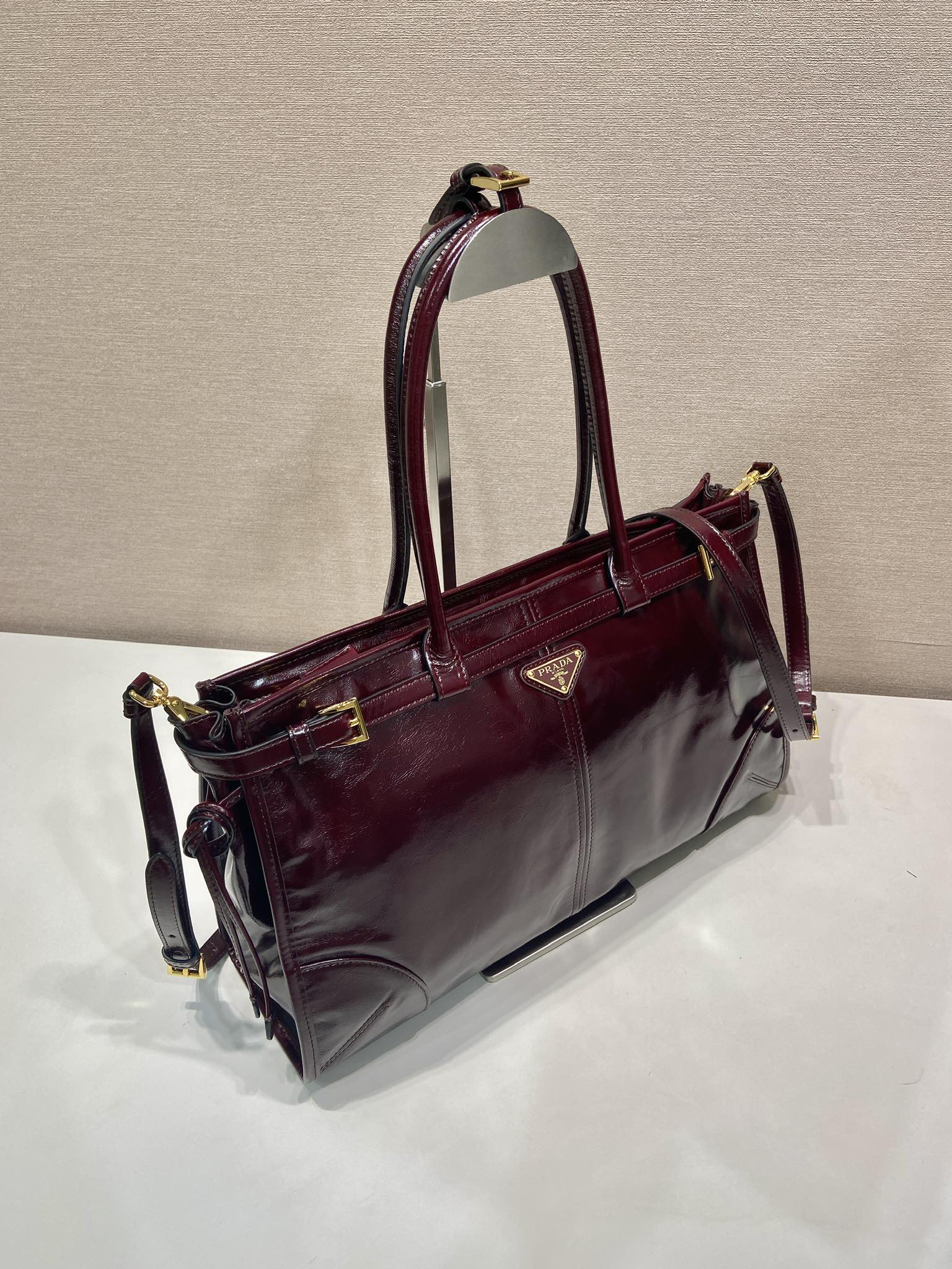 38CM 普拉达 PRADA Bonnie 单肩 斜跨  酒红油蜡 皮质 H0-1BA433_2CYR_F0LV7