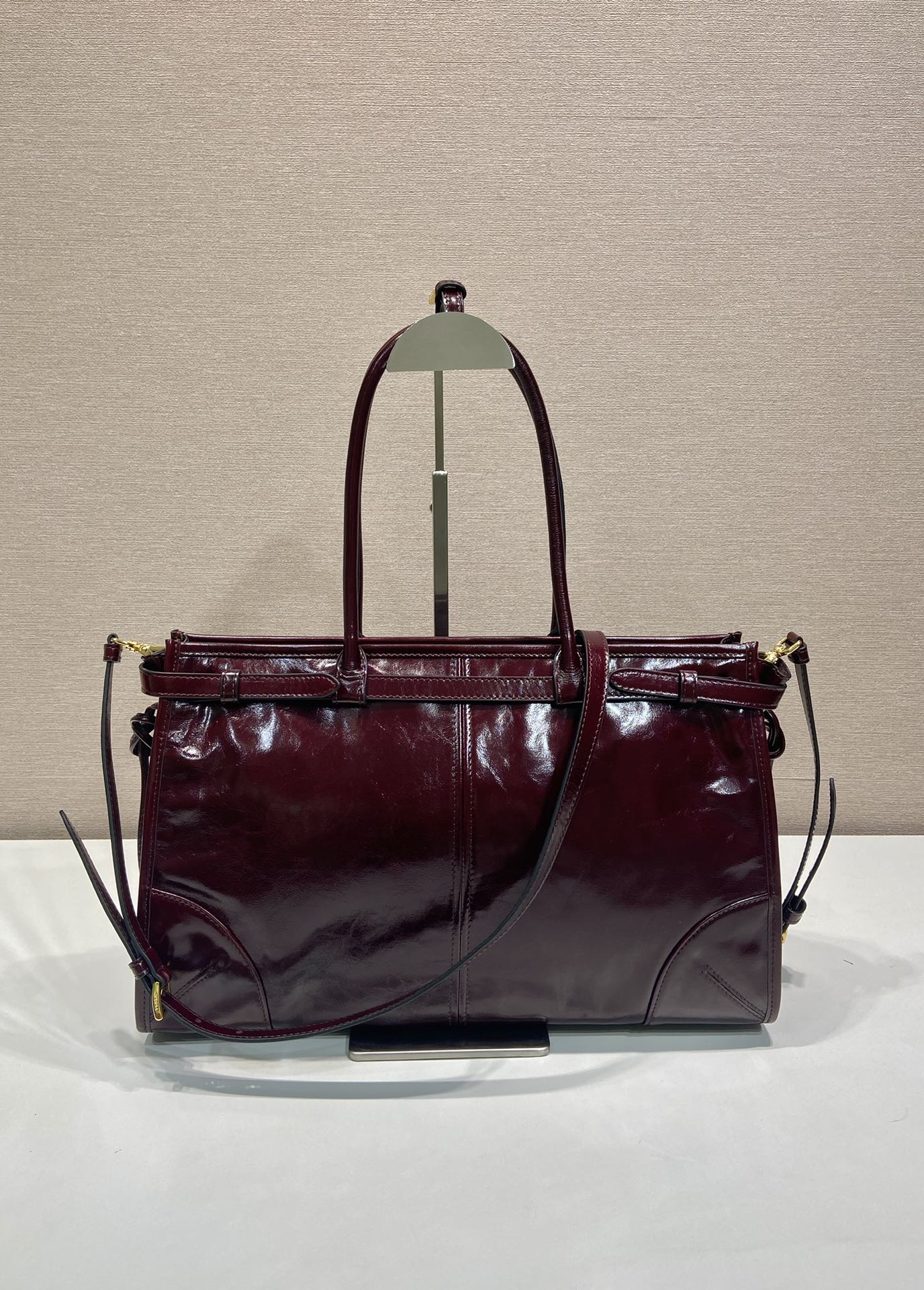 38CM 普拉达 PRADA Bonnie 单肩 斜跨  酒红油蜡 皮质 H0-1BA433_2CYR_F0LV7