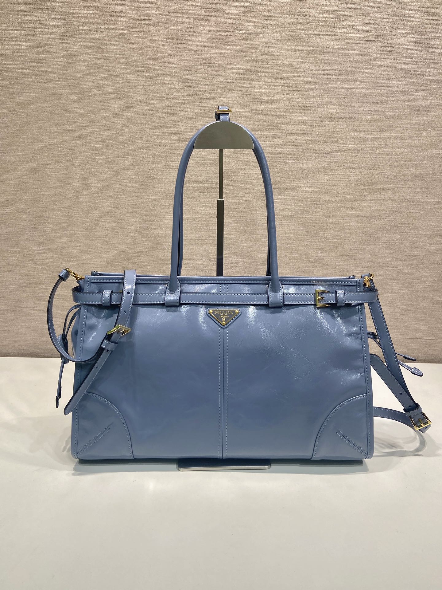 38CM 普拉达 PRADA Bonnie 单肩 斜跨  蓝色油蜡 皮质 H0-1BA433 