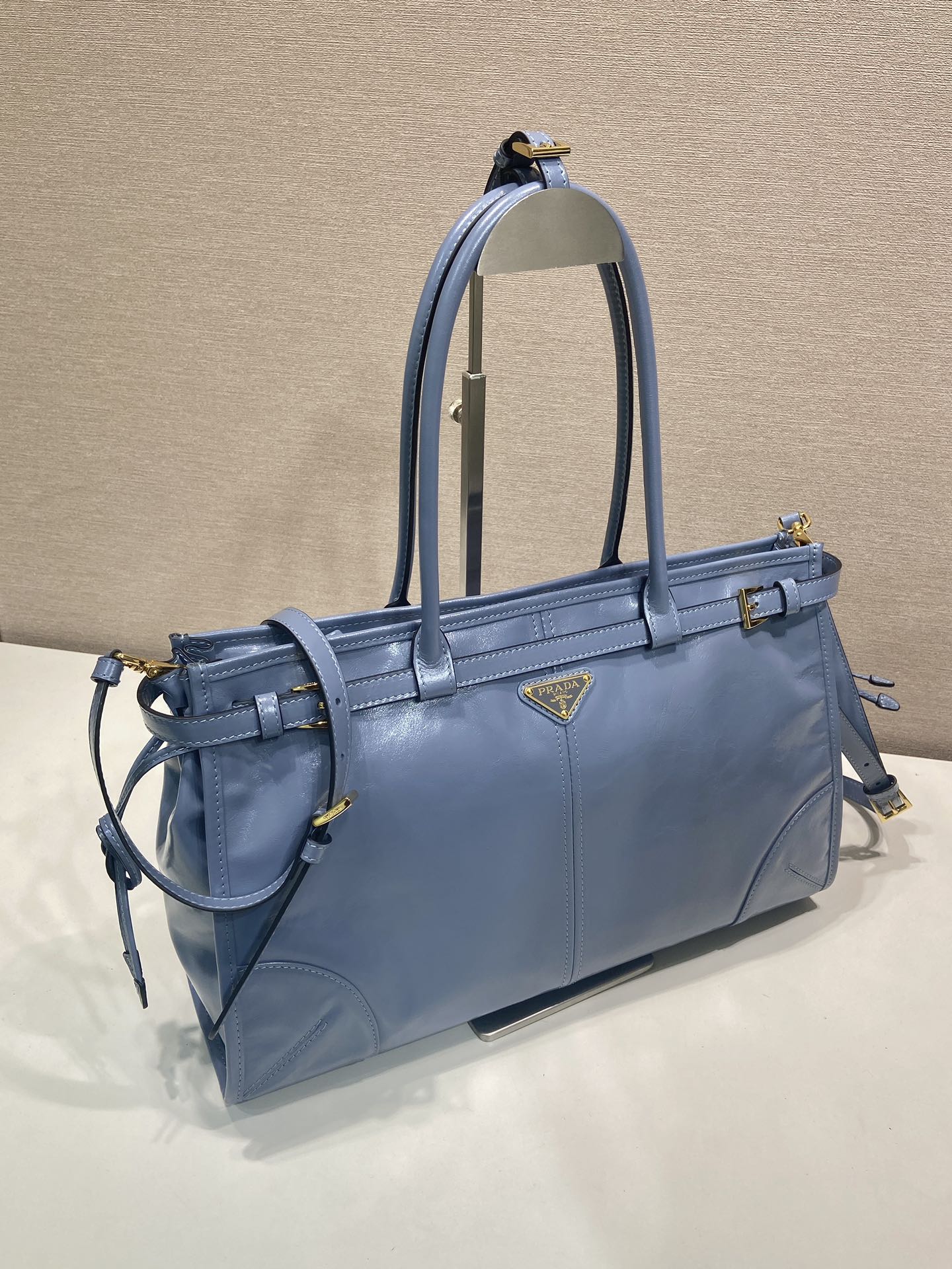 38CM 普拉达 PRADA Bonnie 单肩 斜跨  蓝色油蜡 皮质 H0-1BA433 