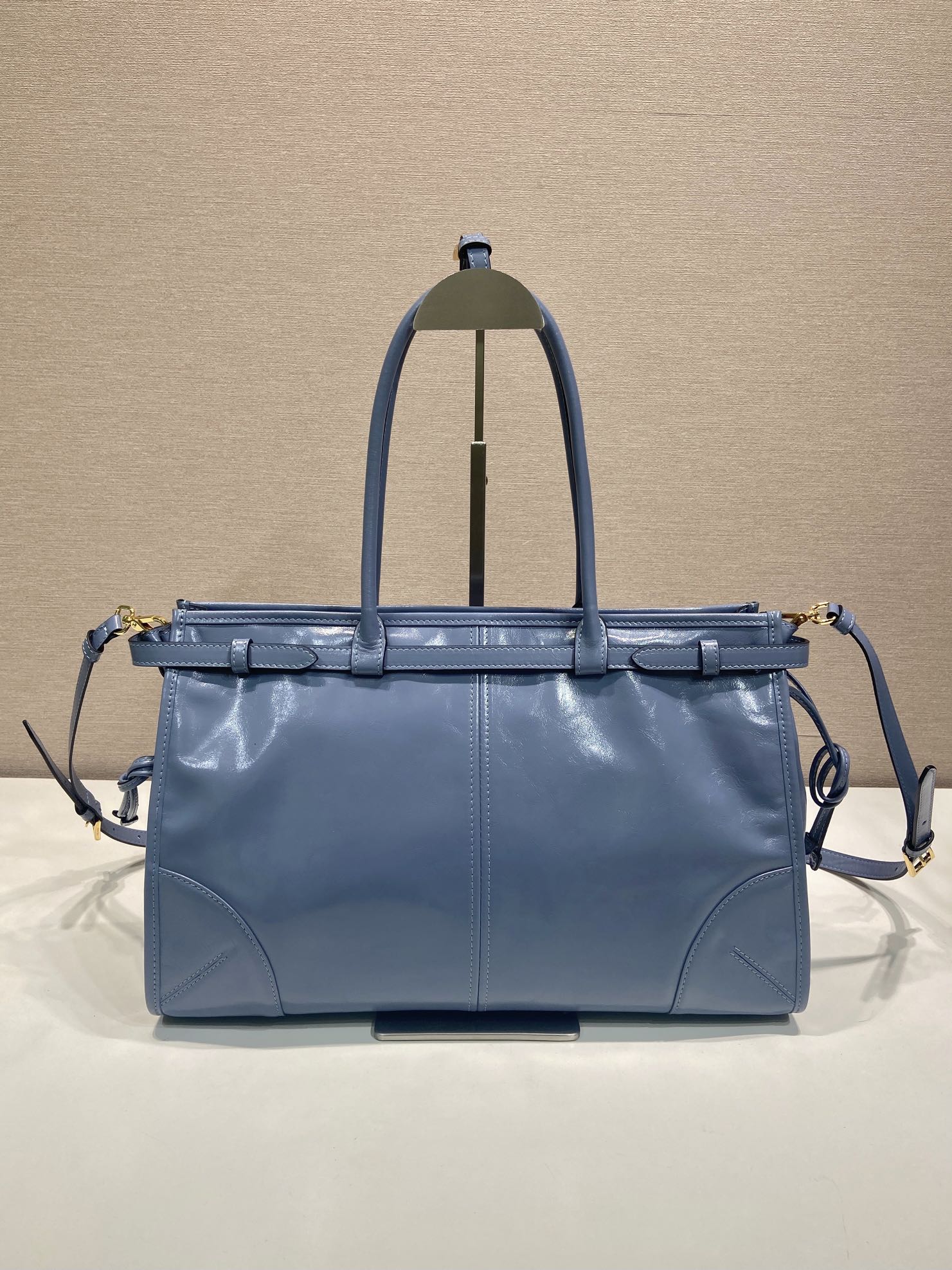 38CM 普拉达 PRADA Bonnie 单肩 斜跨  蓝色油蜡 皮质 H0-1BA433 