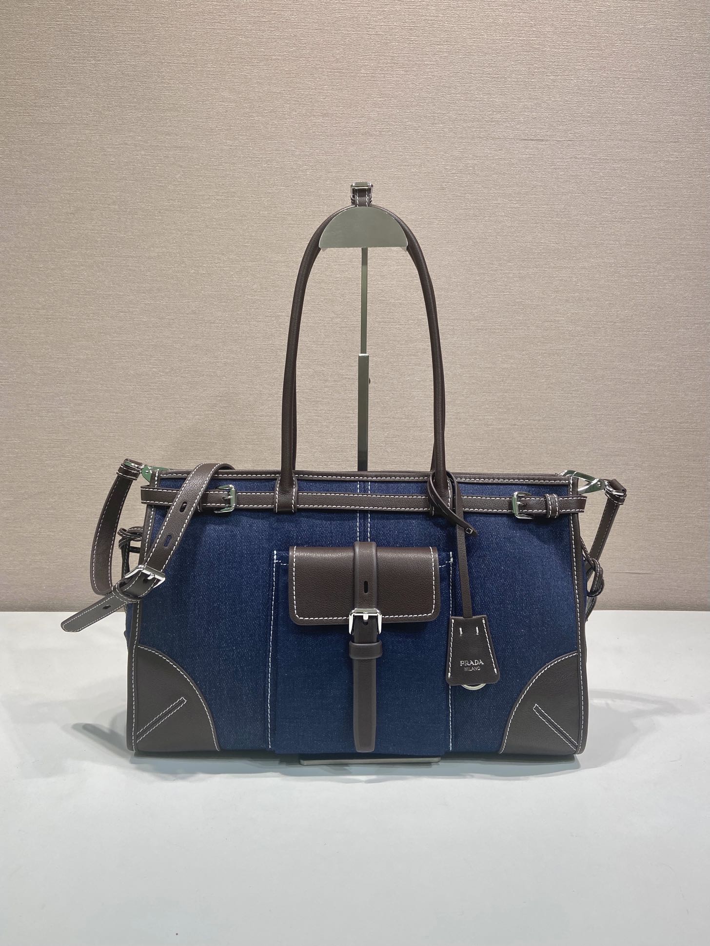 38CM 普拉达 PRADA Bonnie 单肩 斜跨 蓝色拼咖啡色  H0-1BA433_2GCF_F0C1B_V_OTM
