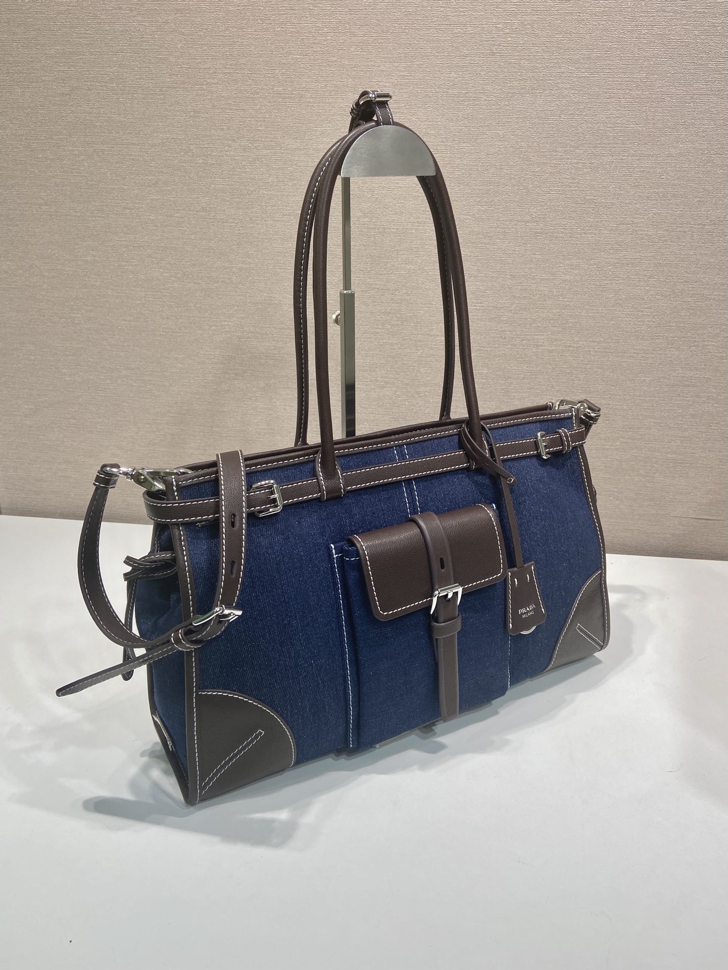 38CM 普拉达 PRADA Bonnie 单肩 斜跨 蓝色拼咖啡色  H0-1BA433_2GCF_F0C1B_V_OTM