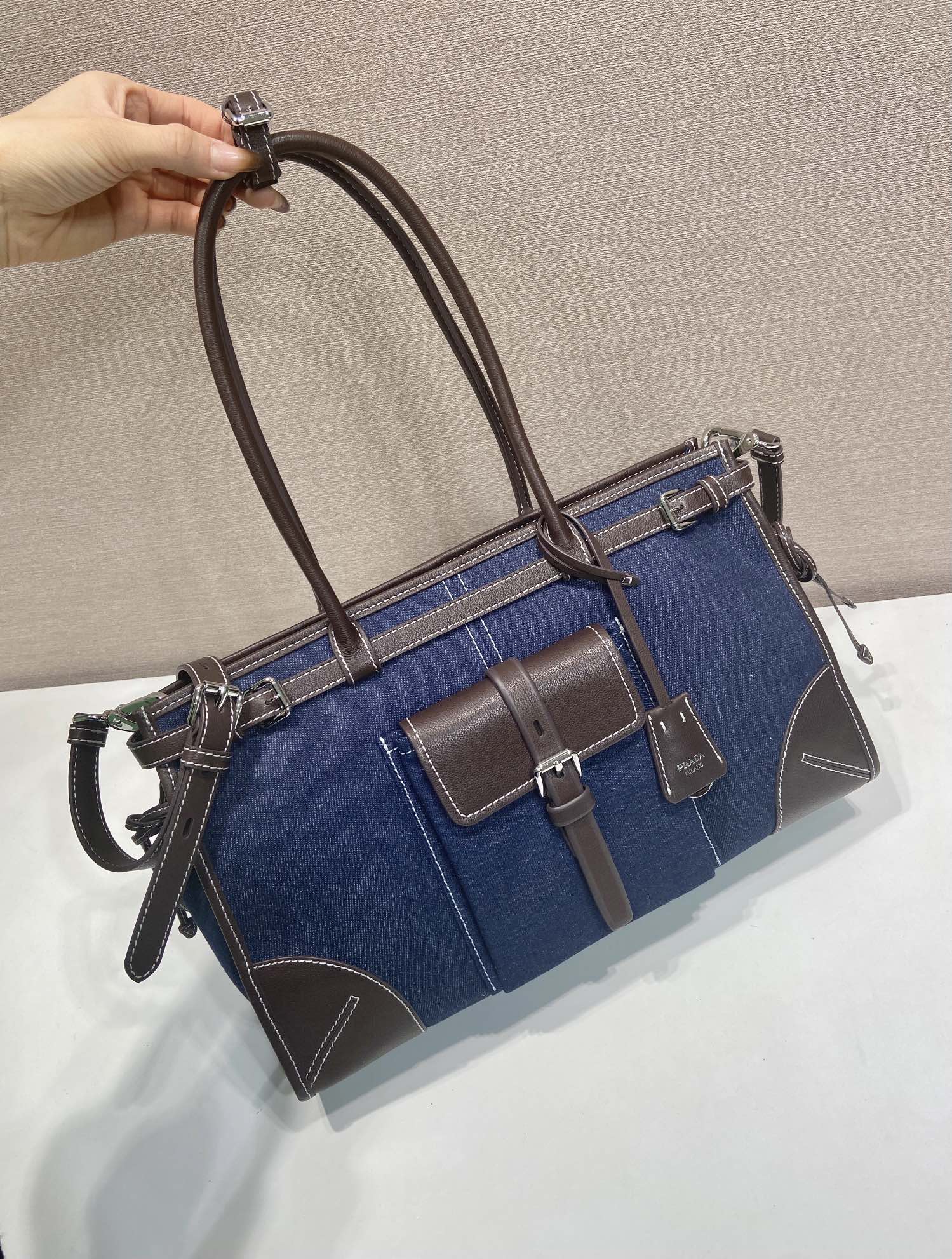 38CM 普拉达 PRADA Bonnie 单肩 斜跨 蓝色拼咖啡色  H0-1BA433_2GCF_F0C1B_V_OTM