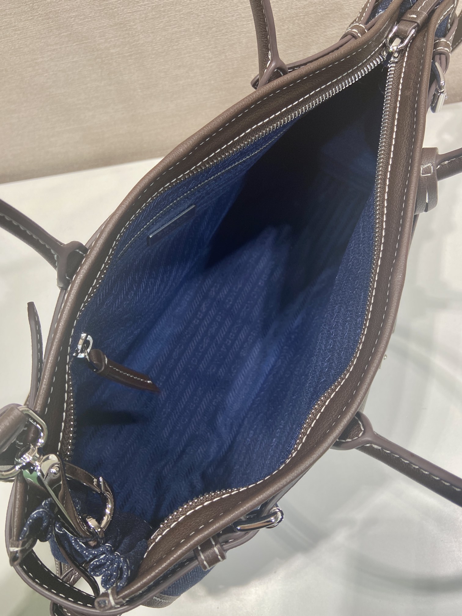 38CM 普拉达 PRADA Bonnie 单肩 斜跨 蓝色拼咖啡色  H0-1BA433_2GCF_F0C1B_V_OTM