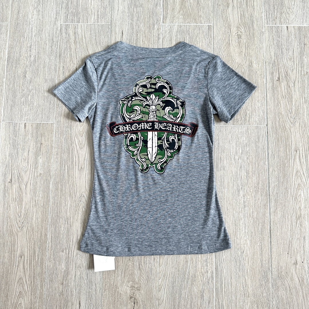 Chrome Hearts CH 女款 克罗心V领修身  短袖 T恤 藤蔓十字架  浅灰色