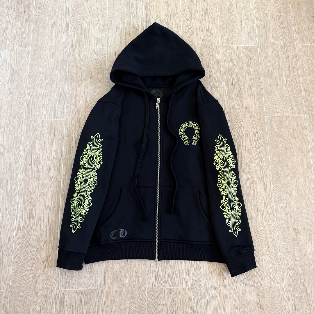 925纯银 Chrome Hearts CH克罗心 经典 印花 拉链卫衣 外套  男女同款 黑色 荧光绿 马蹄 十字 A5  