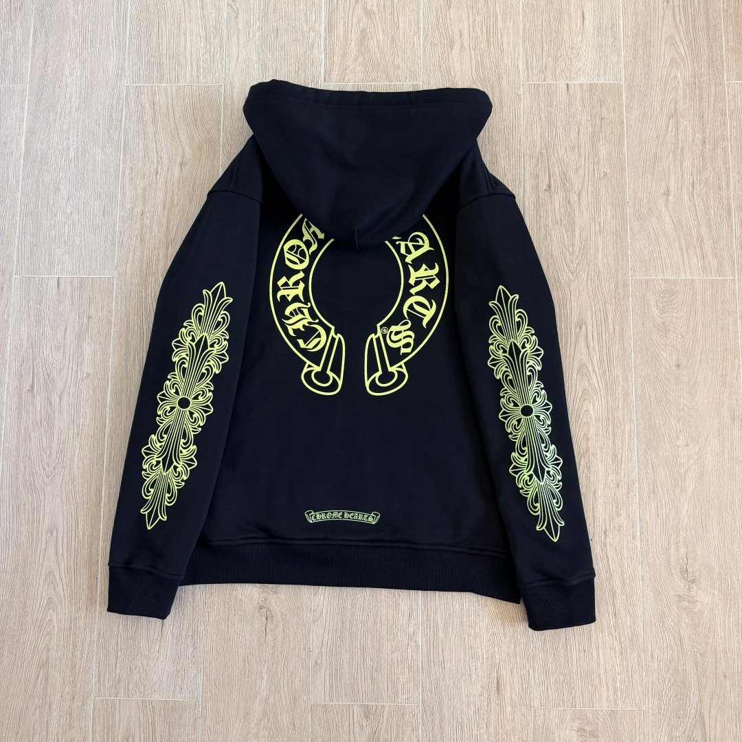 925纯银 Chrome Hearts CH克罗心 经典 印花 拉链卫衣 外套  男女同款 黑色 荧光绿 马蹄 十字 A5  