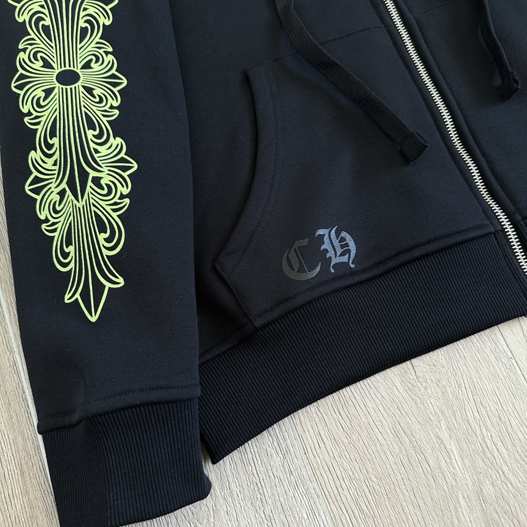 925纯银 Chrome Hearts CH克罗心 经典 印花 拉链卫衣 外套  男女同款 黑色 荧光绿 马蹄 十字 A5  
