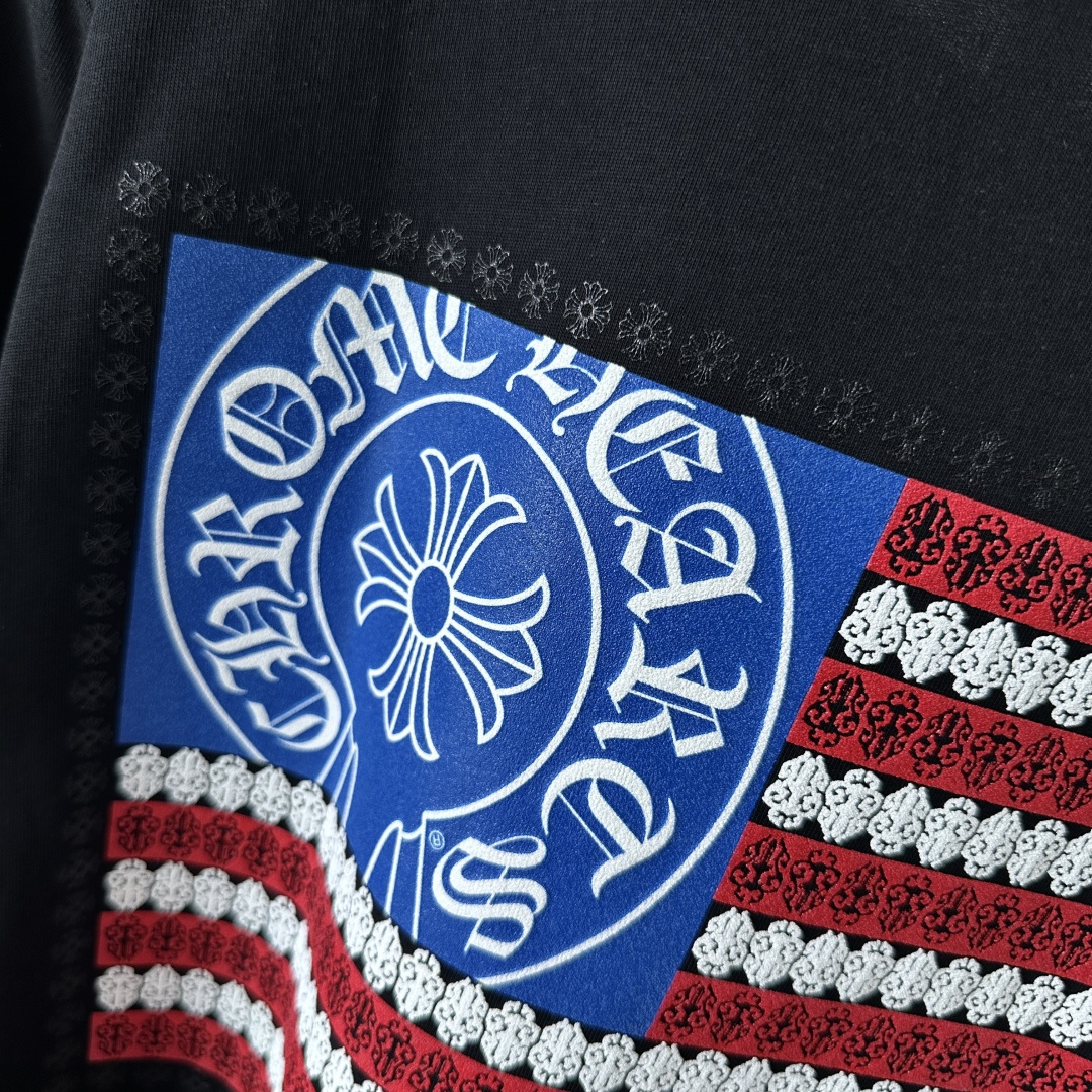 Chrome Hearts CH 克罗心  圆领短袖 T恤 十字架马蹄美国国旗 黑色 A0  